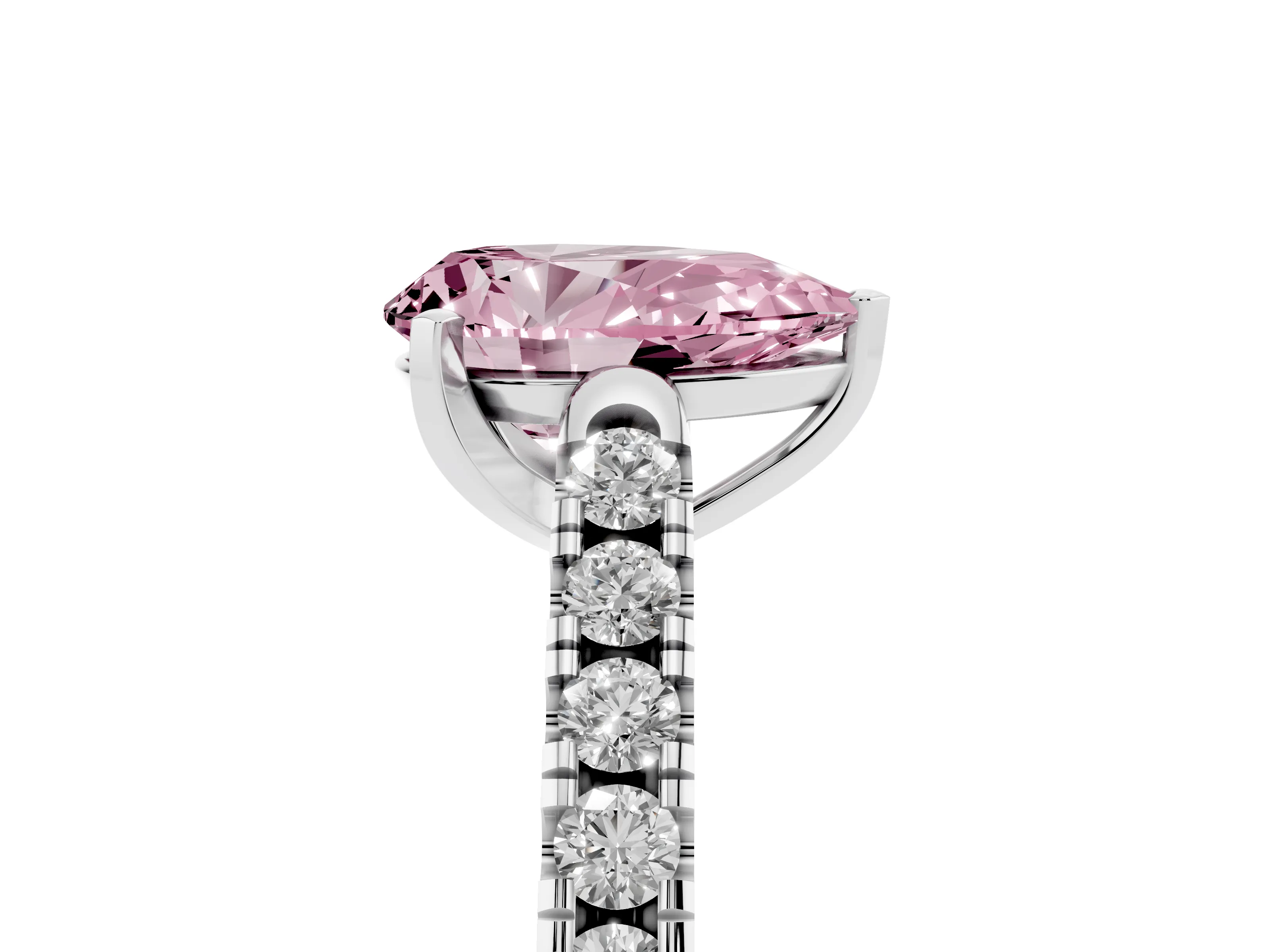 Fancy Pink Pear Cut Diamond Pavé Band Solitaire Ring Set in White gold with Partway Accent Stones and Prong Setting