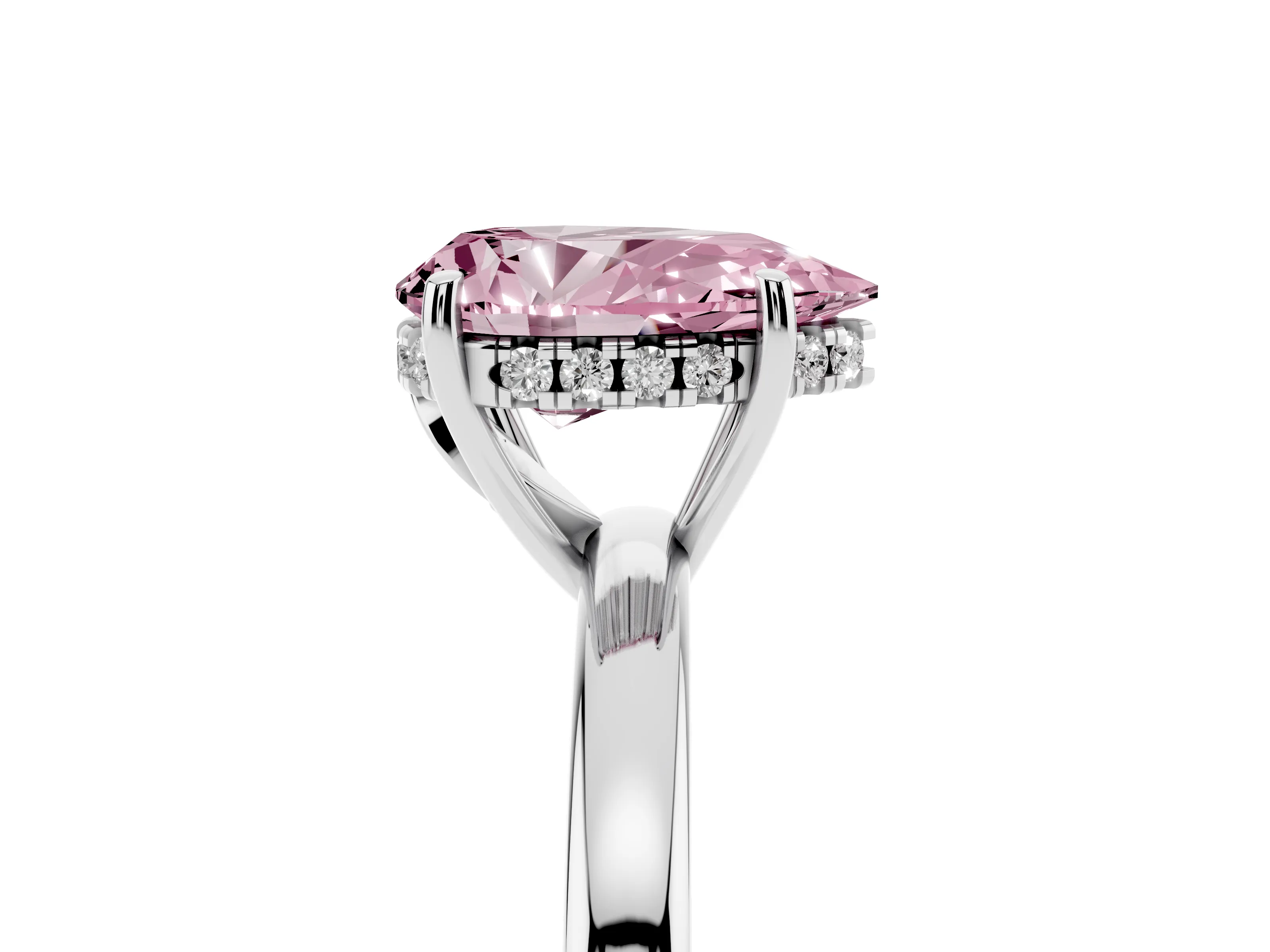 Fancy Pink Pear Cut Diamond Solitaire Ring Set in Silver with Plain Band and Prong Setting