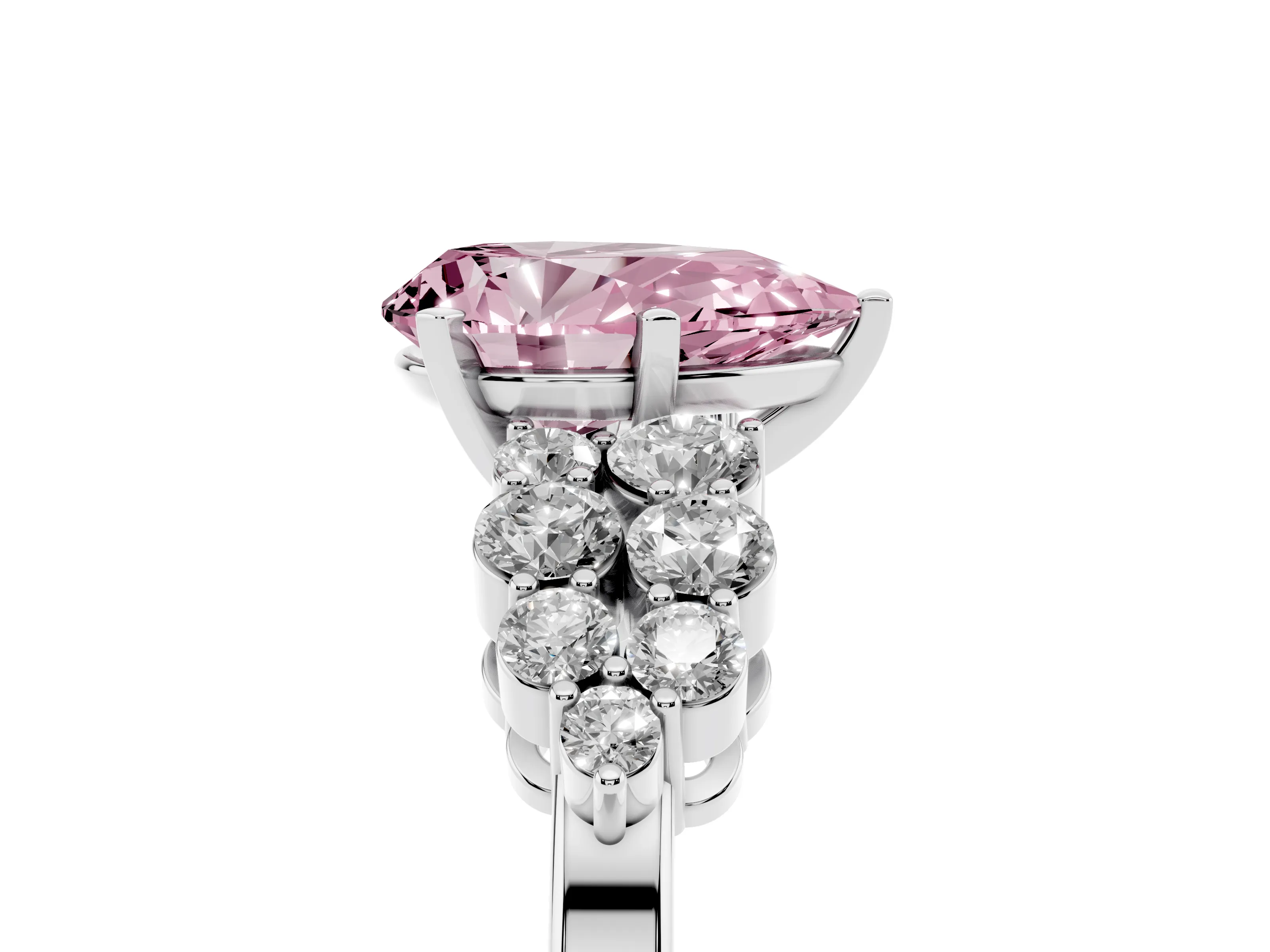 Fancy Pink Pear Cut Diamond Cluster Engagement Ring Set in Silver with Pavé Band and Prong Setting