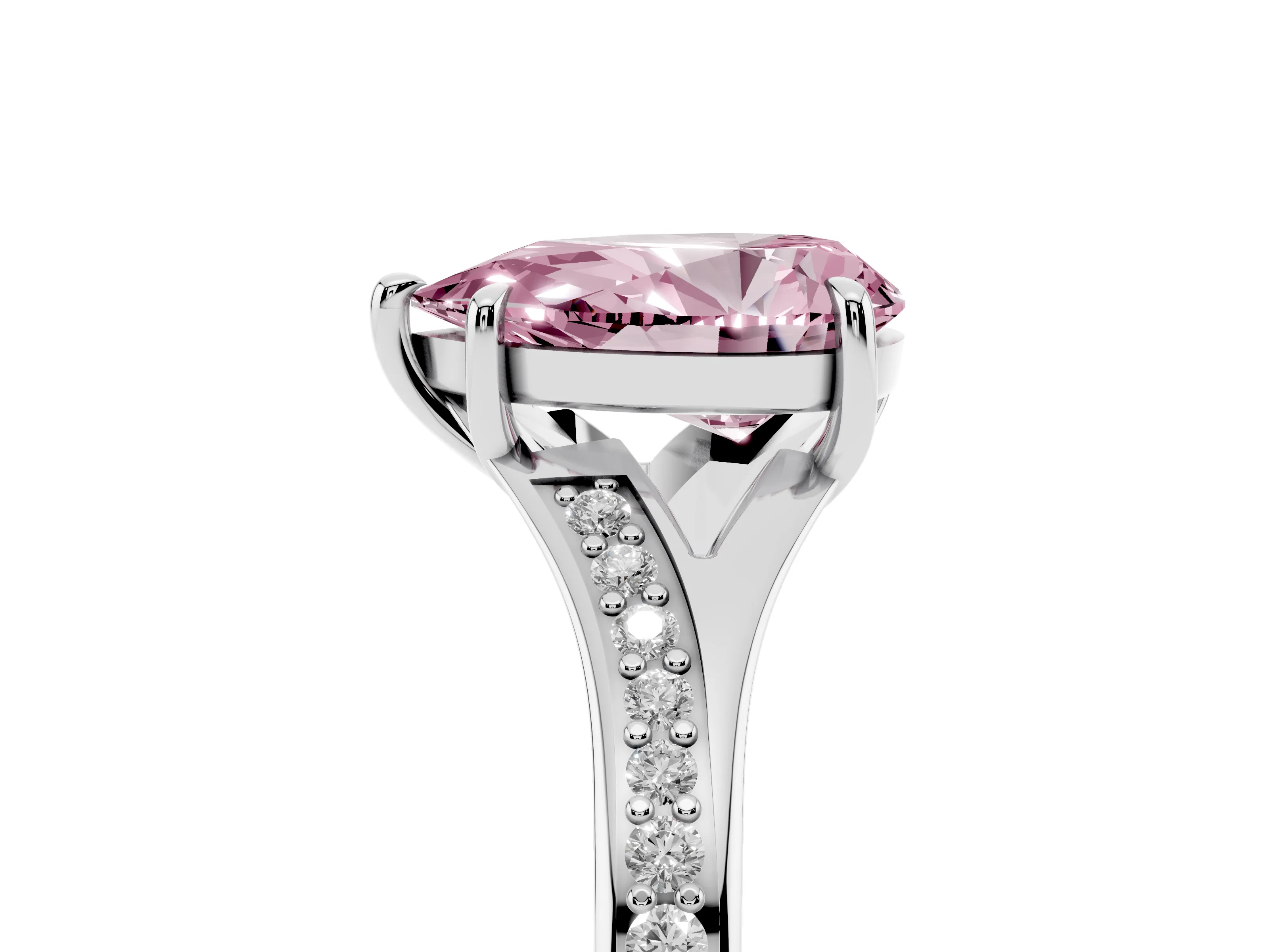 Fancy Pink Pear Cut Diamond Solitaire Ring Set in Platinum with Pavé Accent Band and Classic Prong Setting