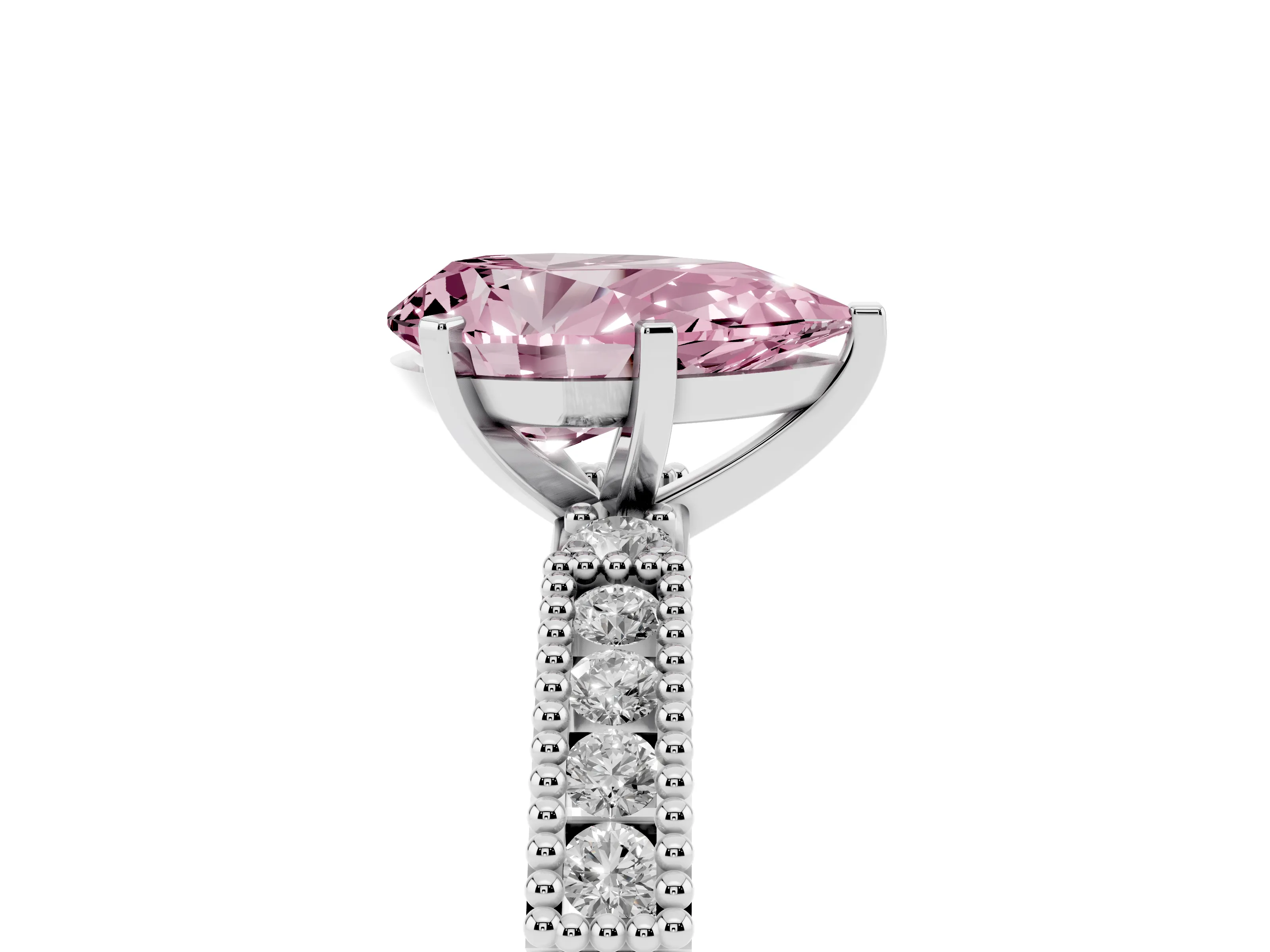 Fancy Pink Pear Cut Diamond Solitaire Ring Set in Platinum with Slim Pavé Band and Prong Setting