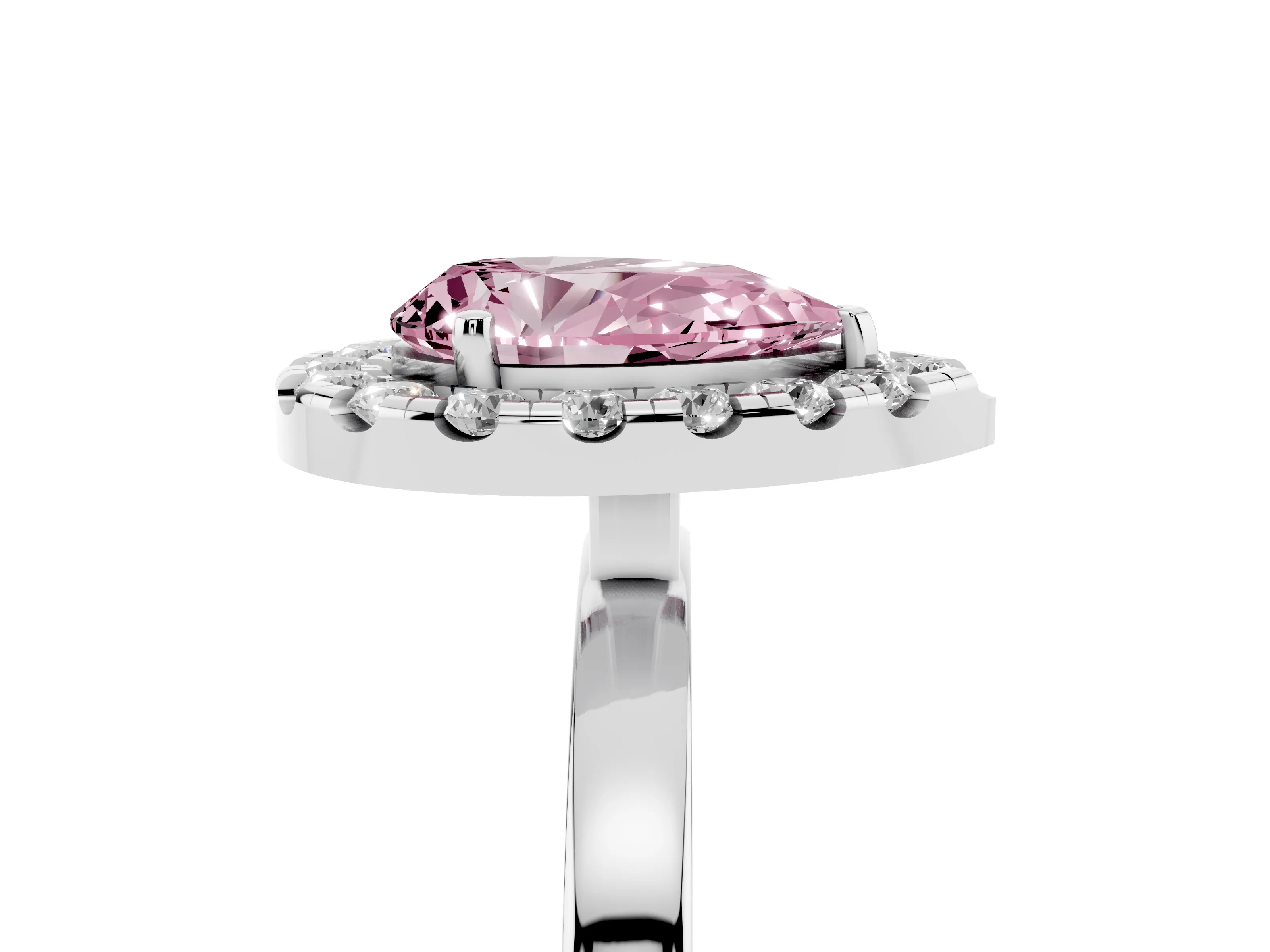 Fancy Pink Pear Cut Diamond Halo Solitaire Ring Set in Silver with Pavé Band and Prong Setting