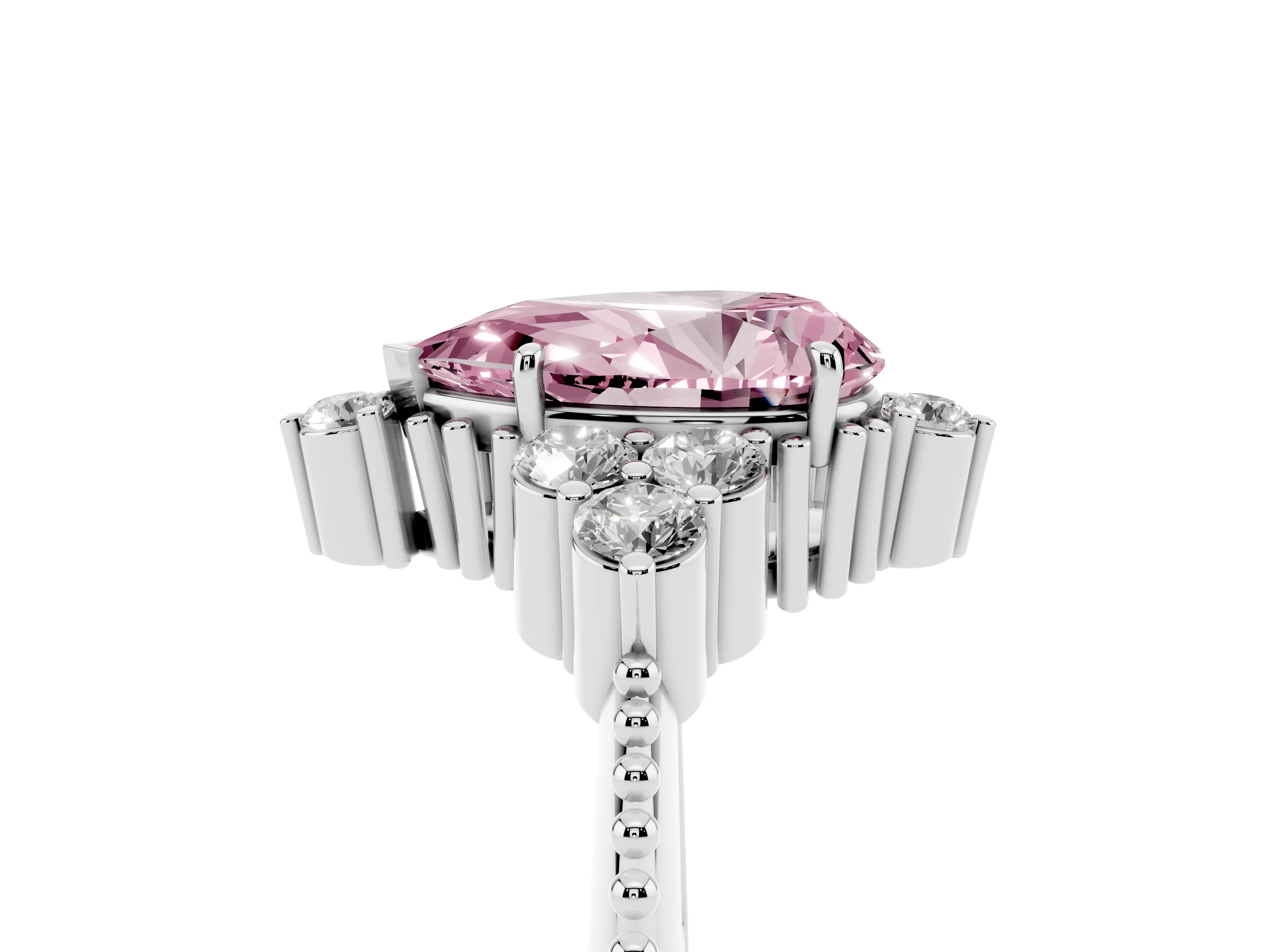 Fancy Pink Pear Cut Diamond Cluster Ring Set in Silver with Beaded Band