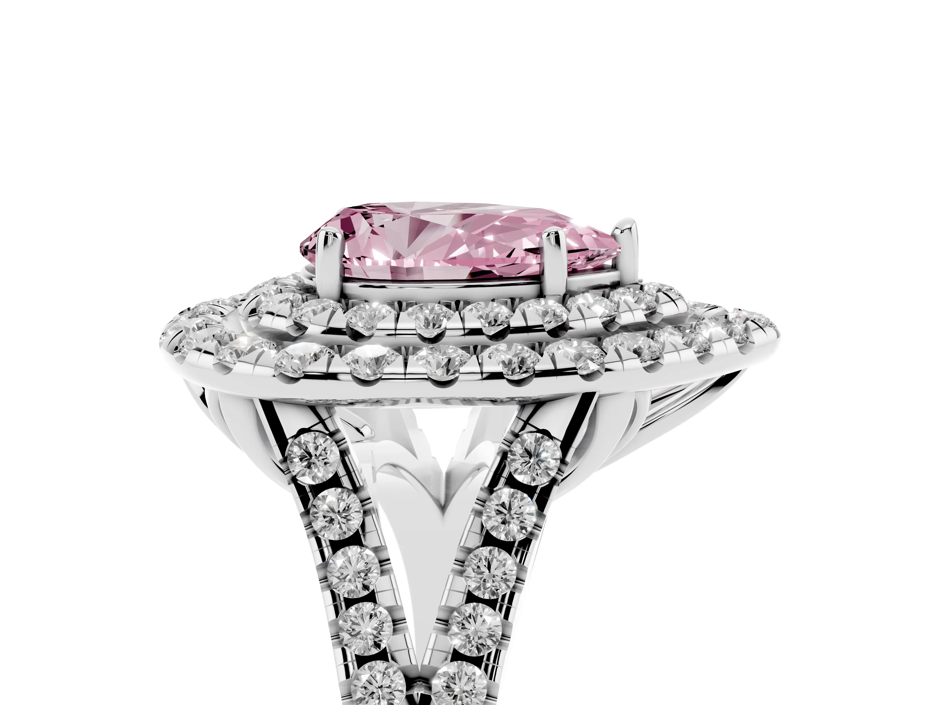 Fancy Pink Pear Cut Diamond Double Halo Ring Set in Silver with Pavé Split Shank and Prong Setting