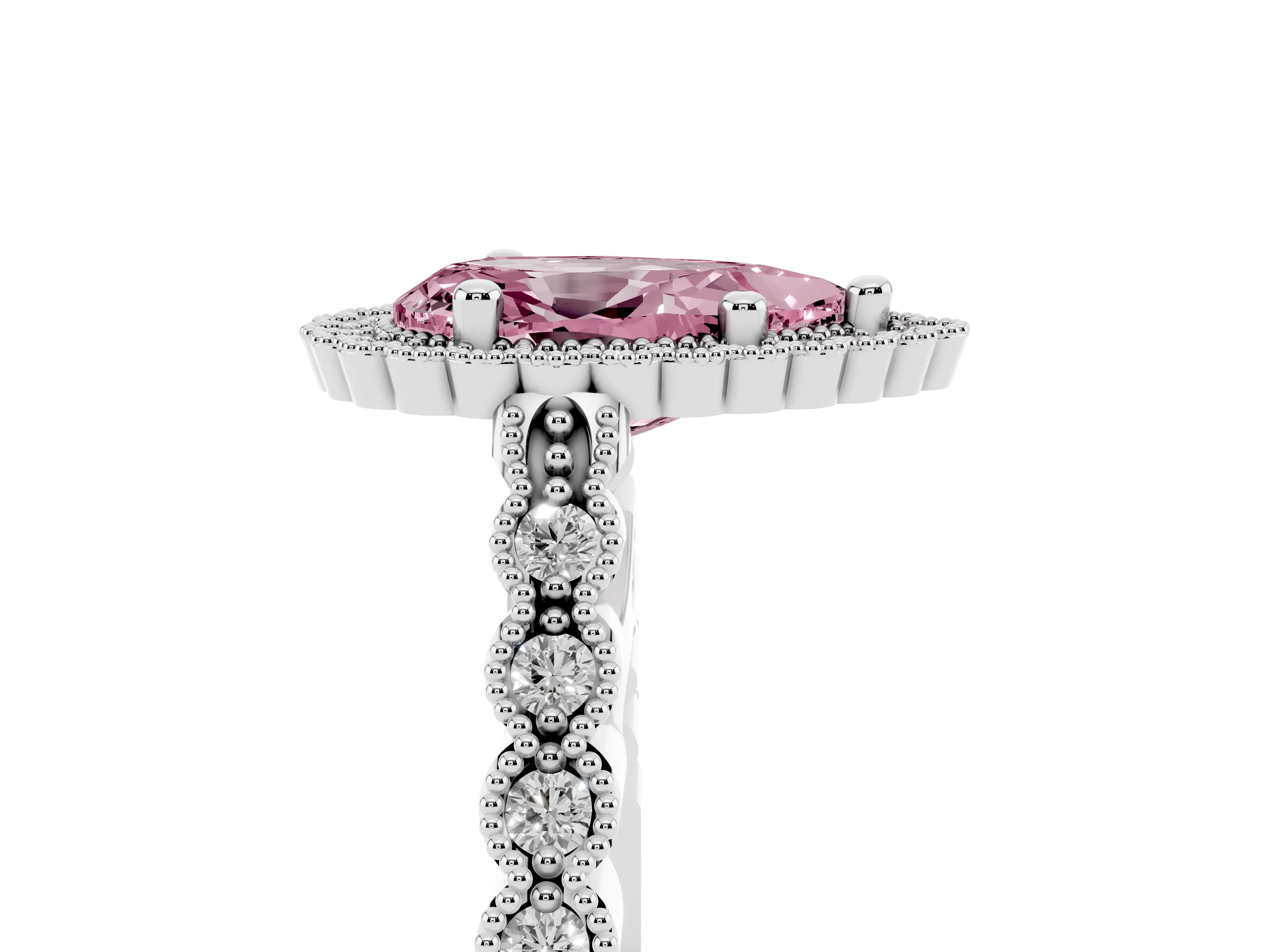Fancy Pink Pear Cut Diamond Halo Ring Set in Platinum with Pavé Milgrain Band