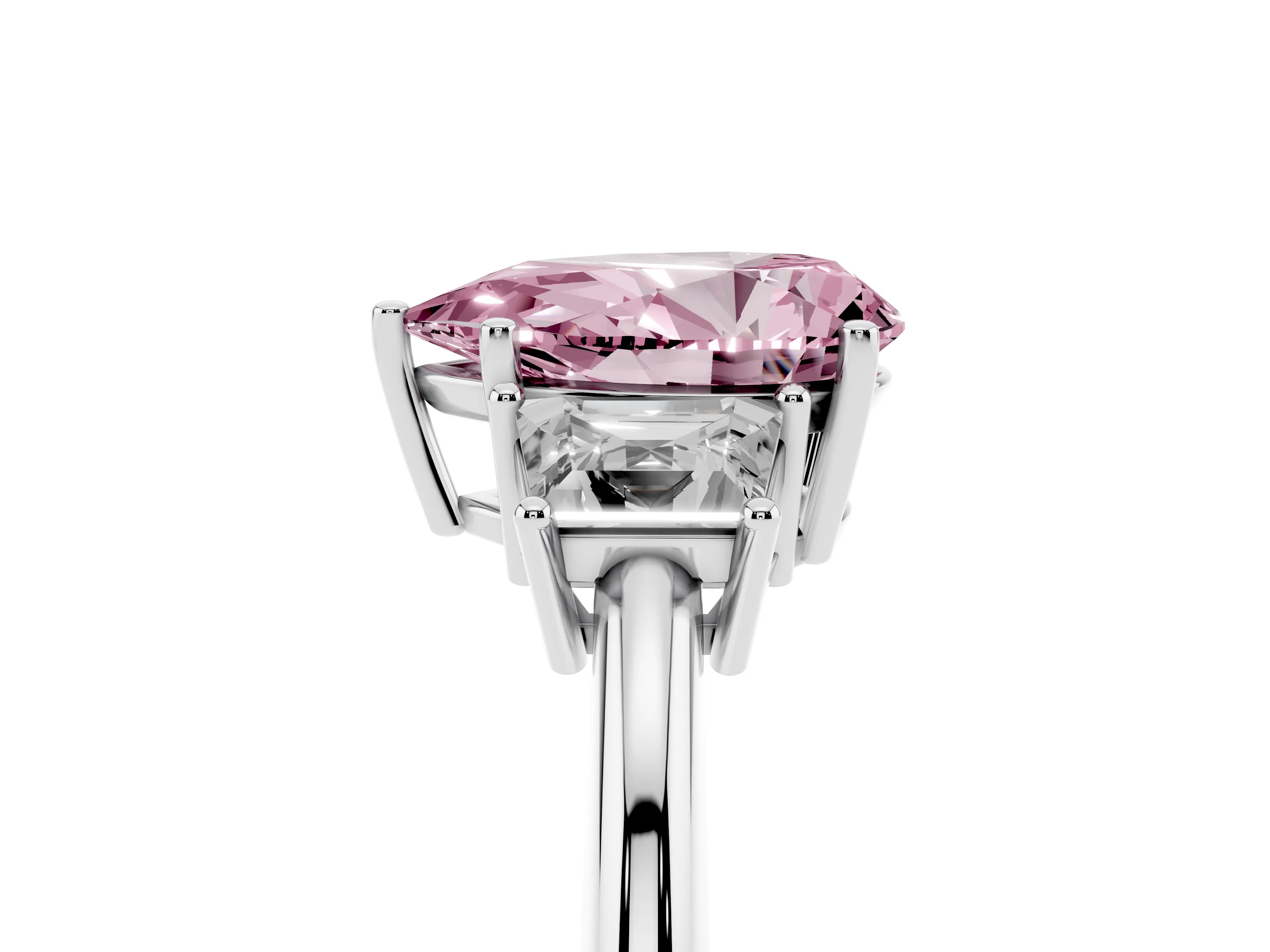 Fancy Pink Pear Cut Diamond Three-Stone Ring Set in White gold with Trapezoid Side Stones and Prong Setting