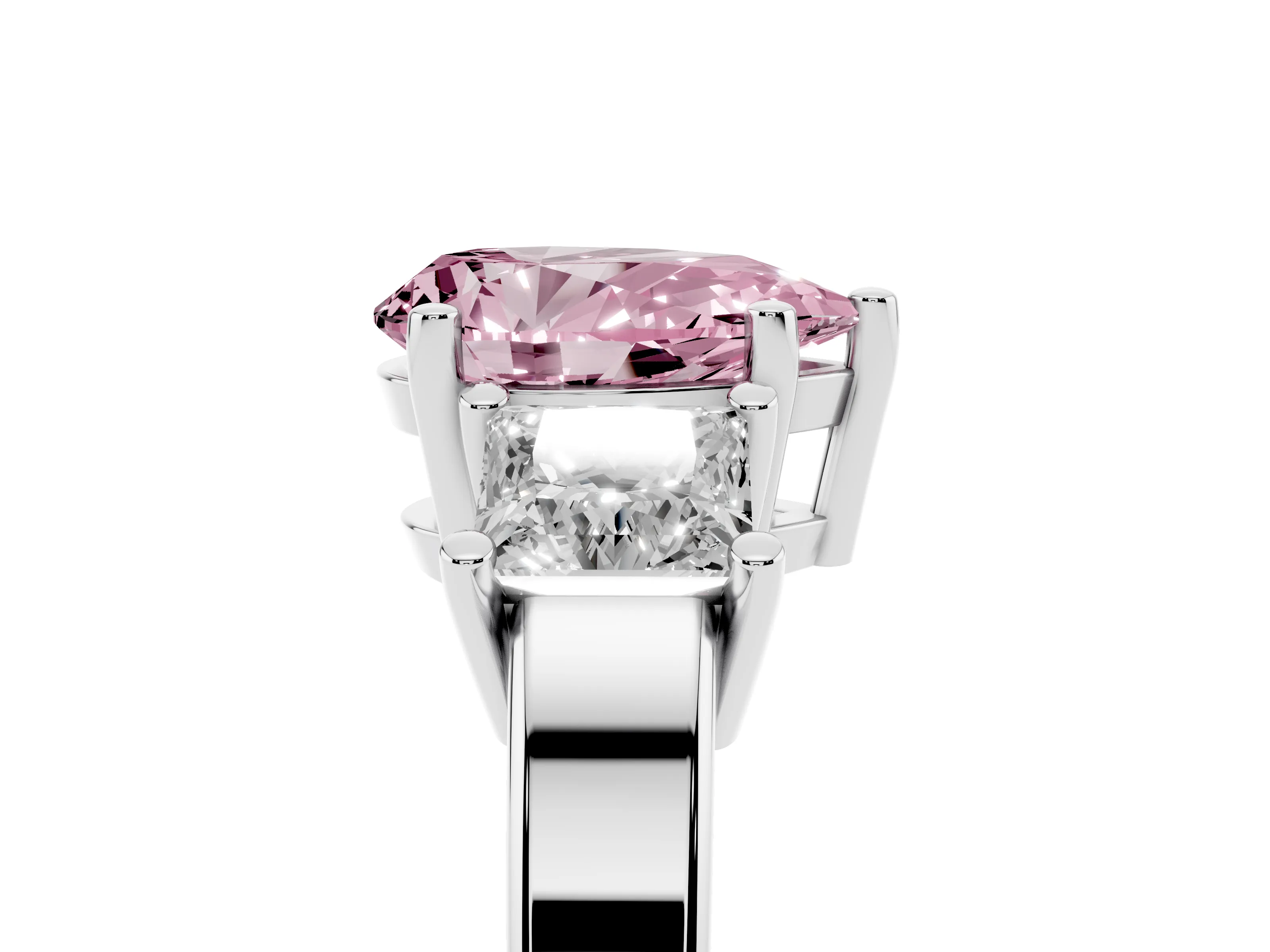 Fancy Pink Three-Stone Pear Cut Diamond Solitaire Ring Set in Platinum with Prong Setting