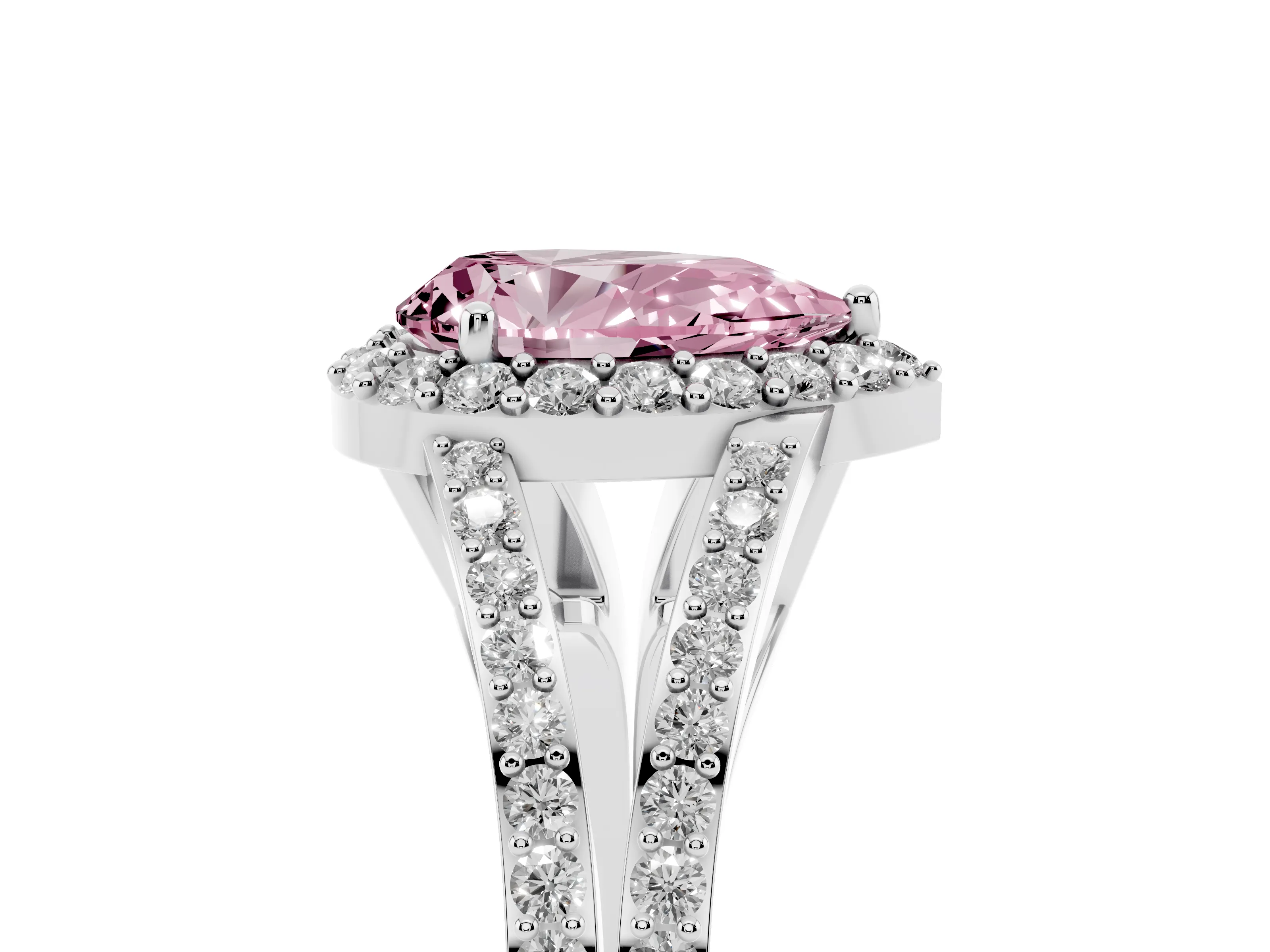 Fancy Pink Pear Cut Diamond Halo Split Shank Pavé Ring Set in Platinum with Prong Setting