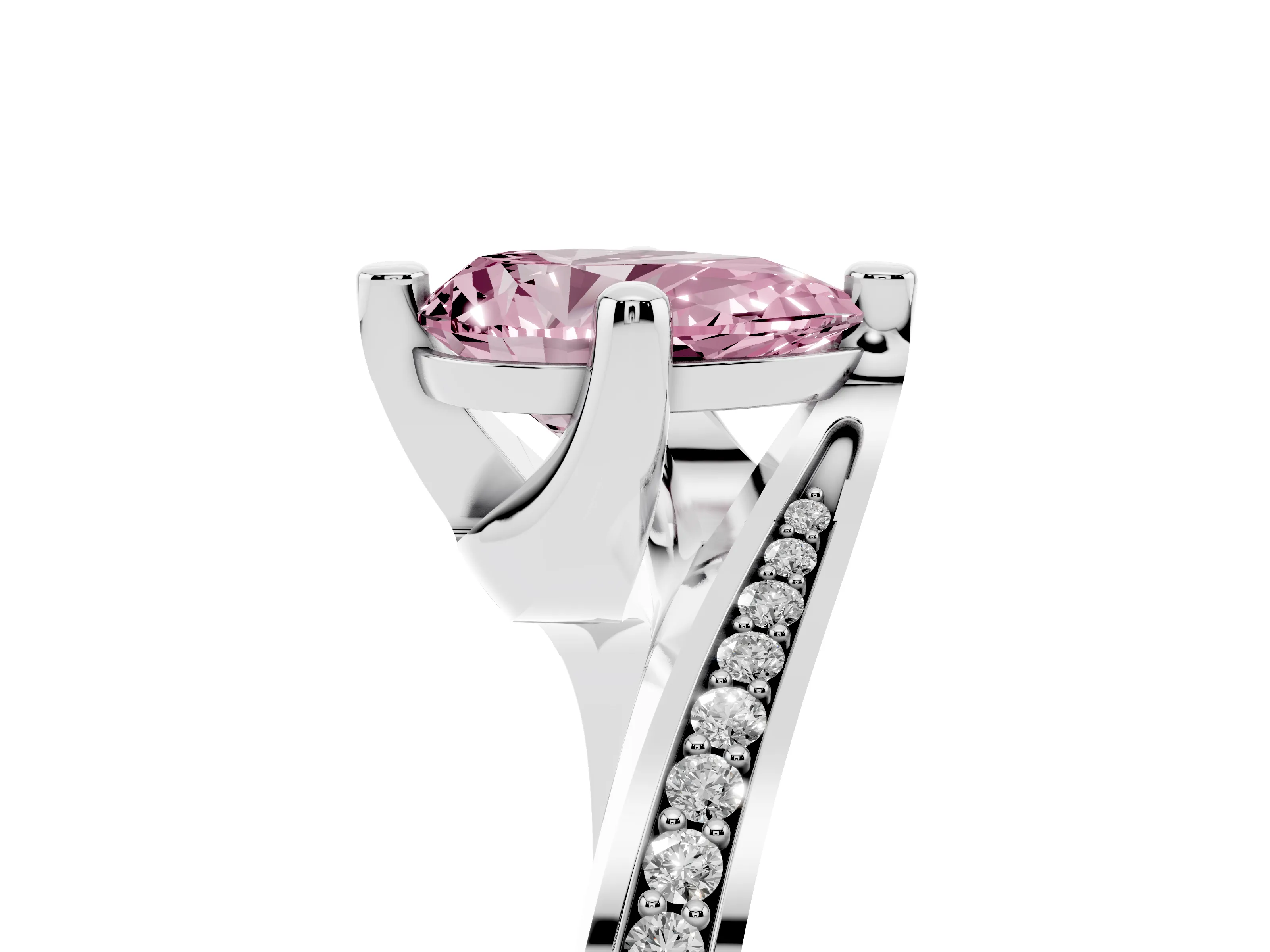 Fancy Pink Pear Cut Diamond Solitaire Ring Set in Platinum with Intertwined Pavé Twist Band