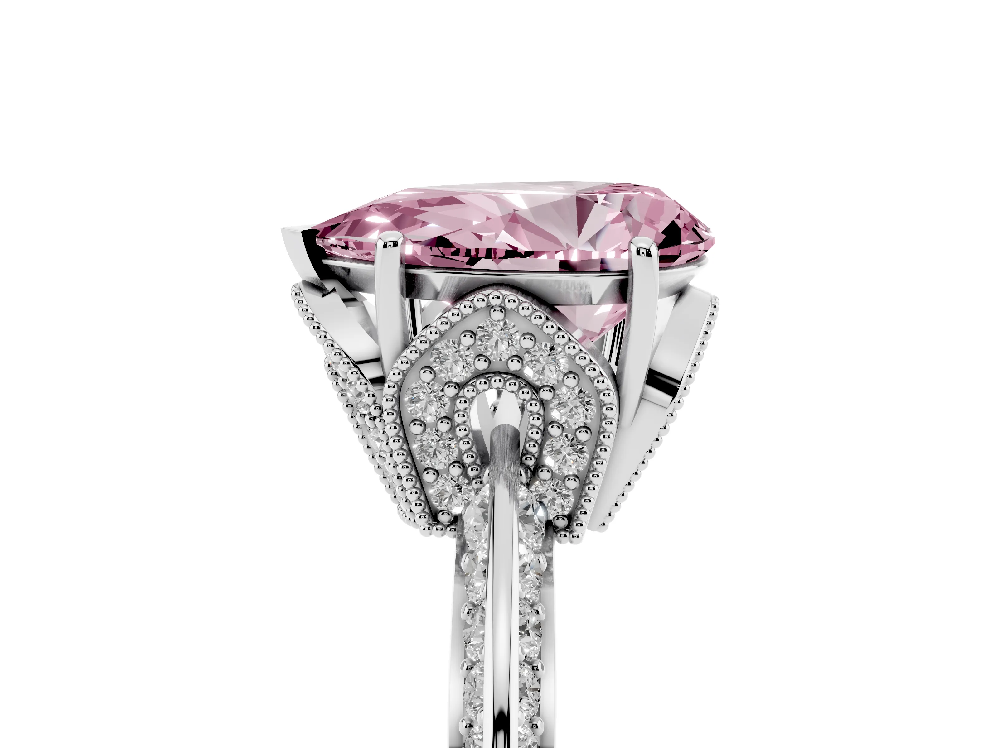 Fancy Pink Pear Cut Diamond Solitaire Engagement Ring Set in Platinum with Pavé Split Shank and Prong Setting