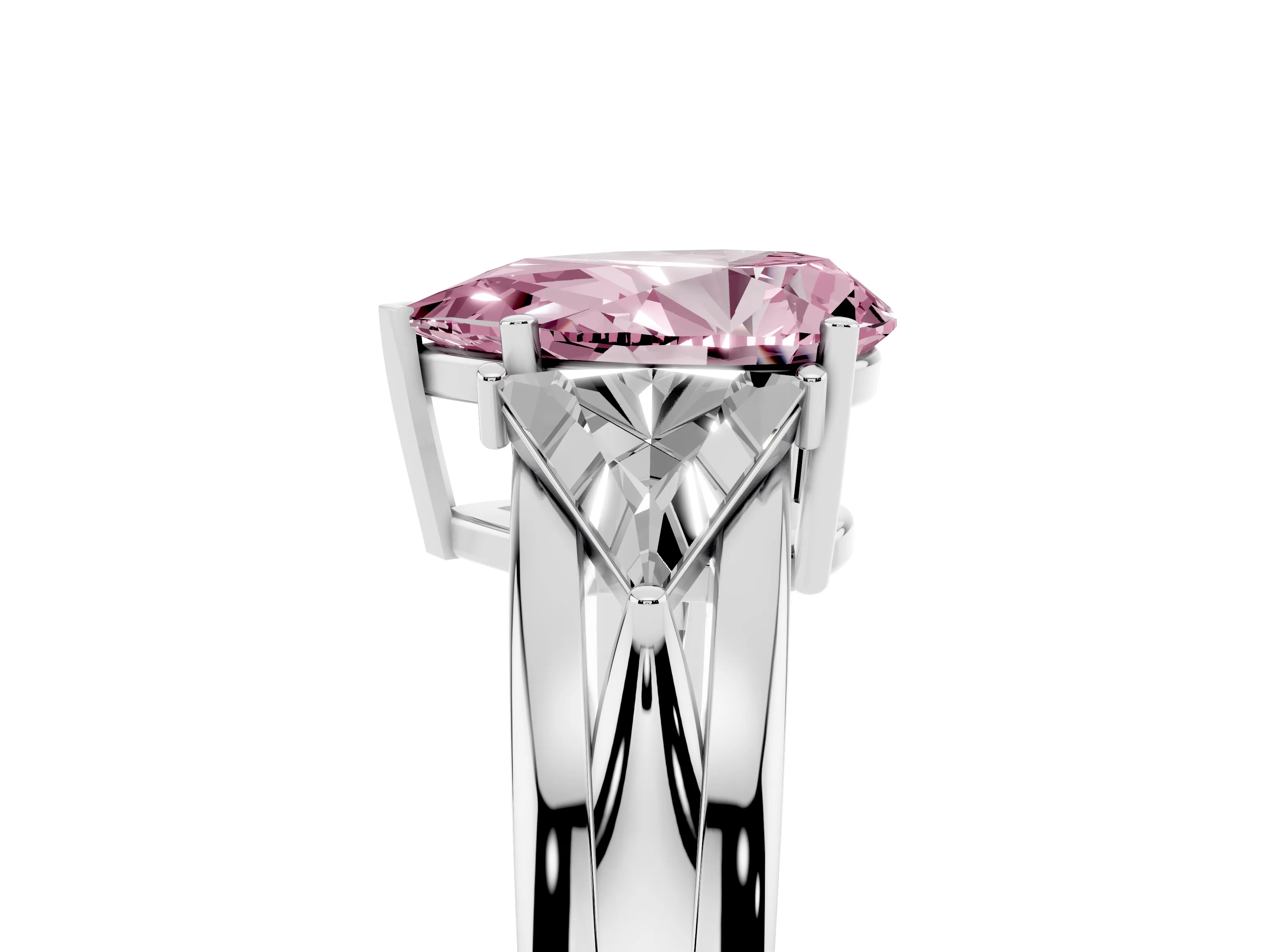 Fancy Pink Pear Cut Diamond Three-Stone Ring Set in Silver with Trillion Side Stones and Split Shank