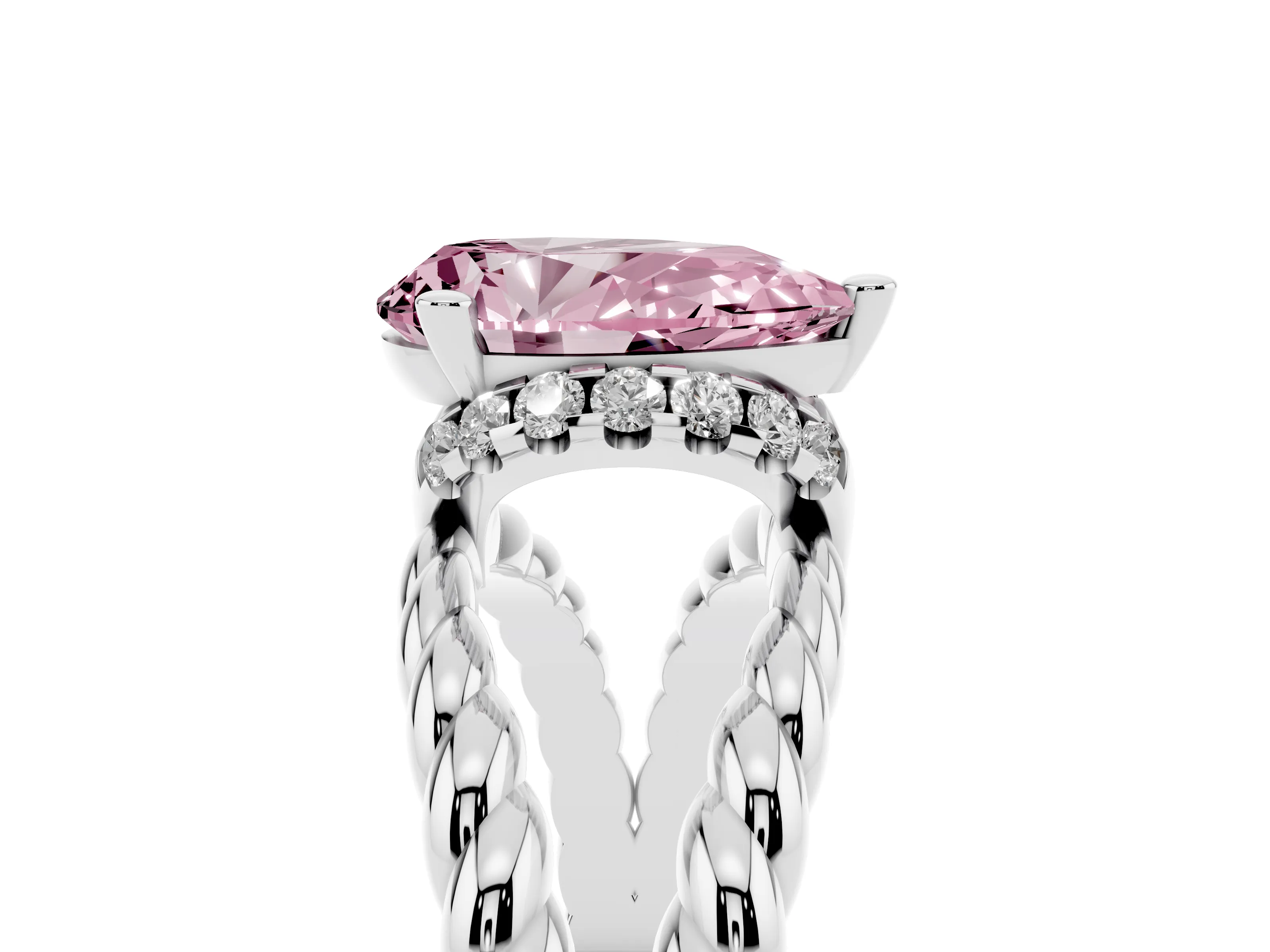 Fancy Pink Pear Cut Diamond Halo Ring Set in White gold with Twisted Band and Prong Setting