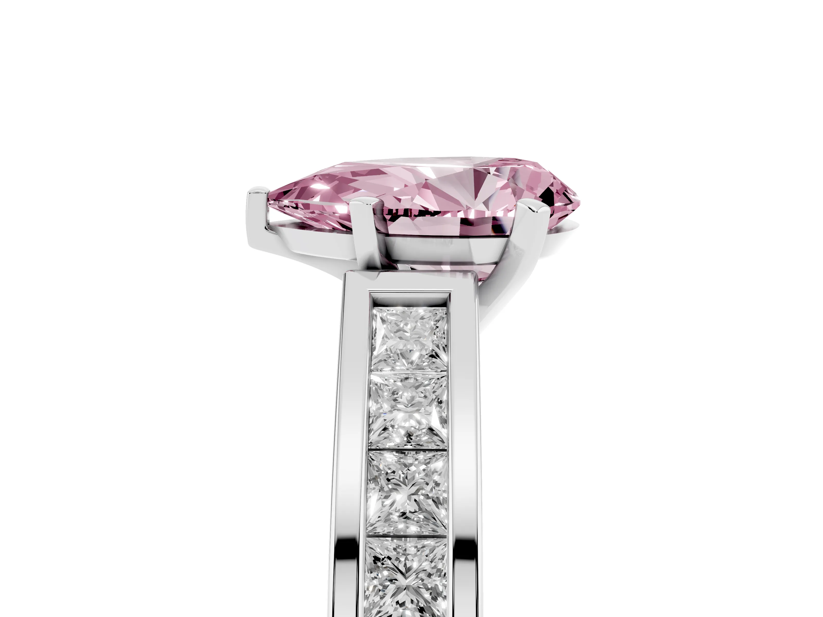 Fancy Pink Pear Cut Diamond Solitaire Ring Set in White gold with Channel-Set Band and Prong Setting