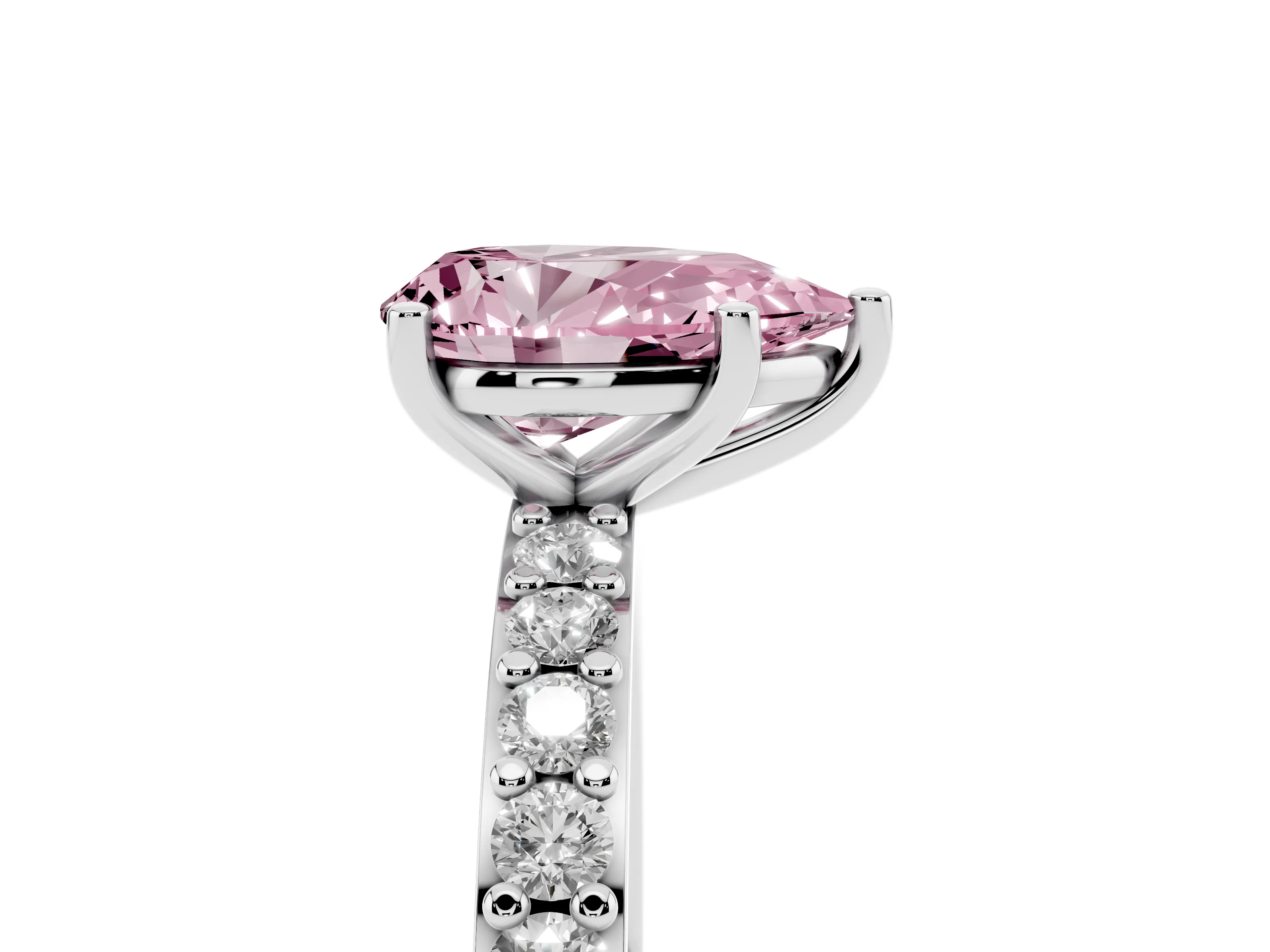 Fancy Pink Pear Cut Diamond Solitaire Set in White gold with Round Pavé Band and Prong Setting