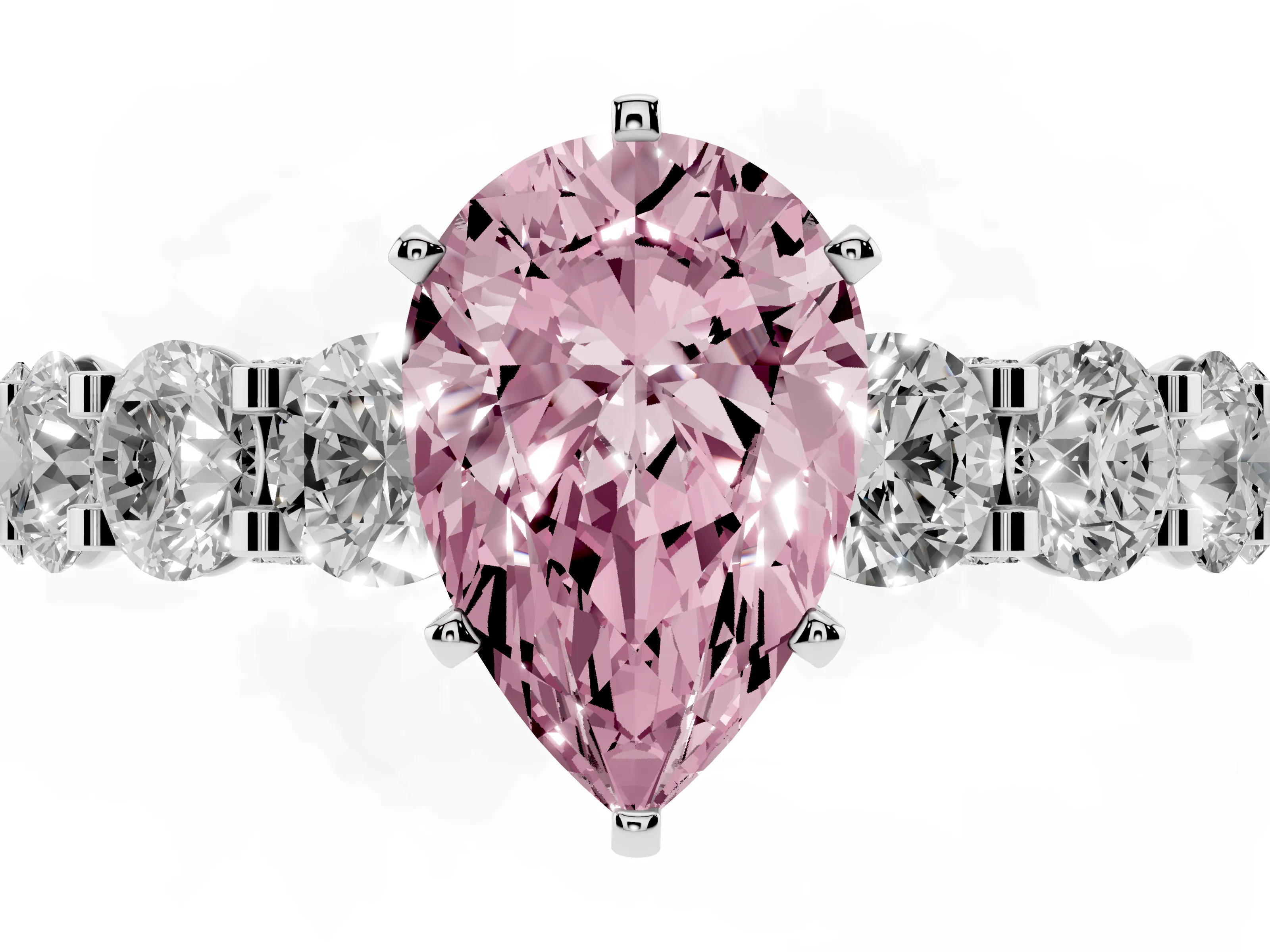 Fancy Pink Pear Cut Diamond Side Stone Ring Set in Silver with Alternating Round and Oval Side Stones