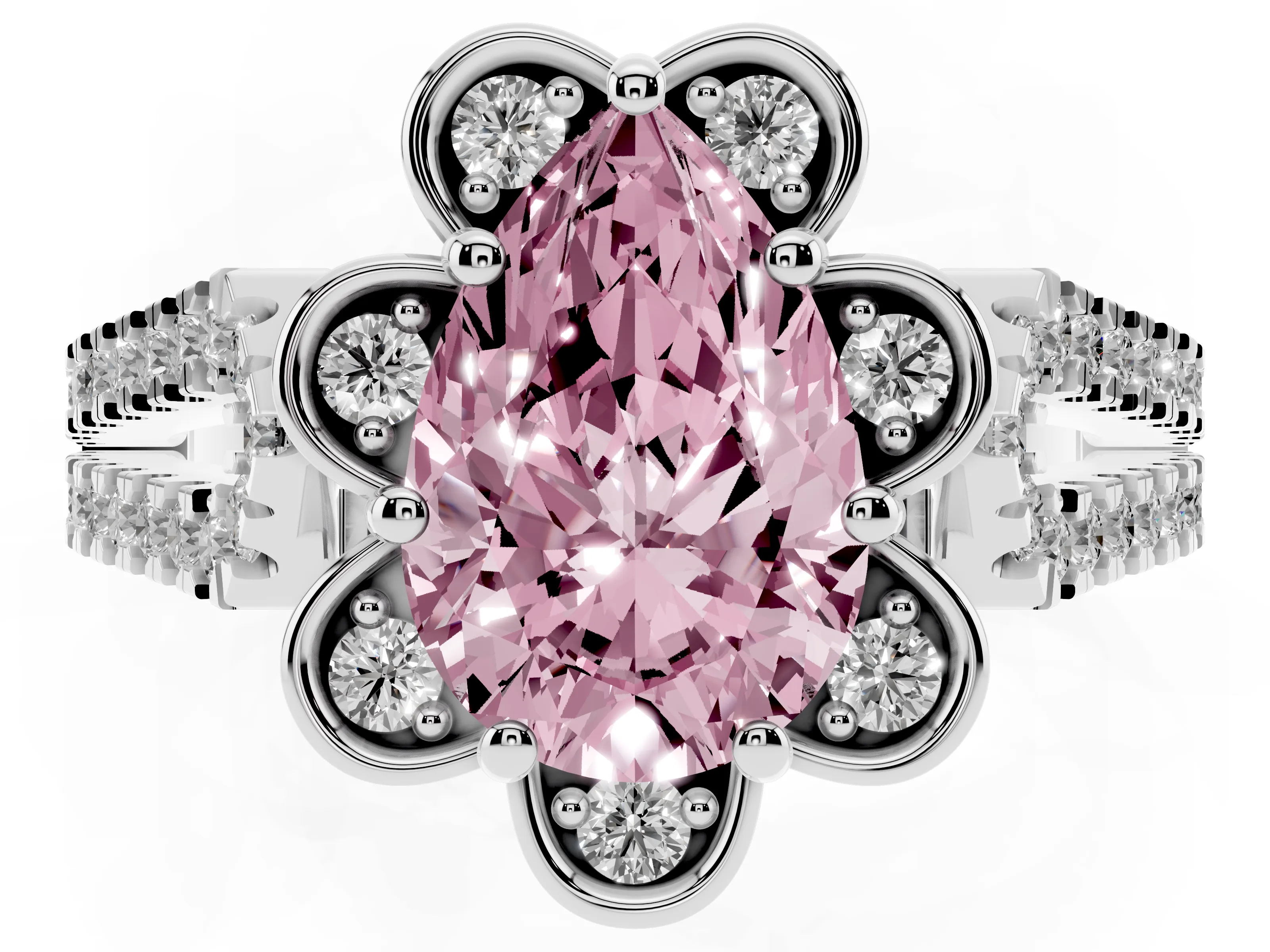 Fancy Pink Pear Cut Diamond Floral Halo Split Shank Engagement Ring Set in White gold with Pavé Shank