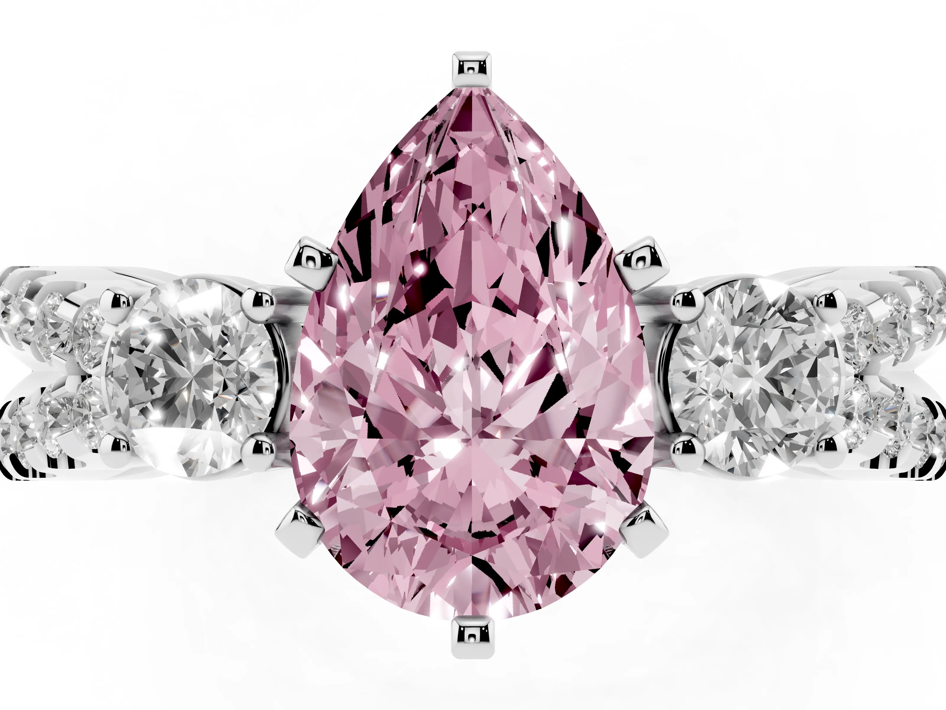 Fancy Pink Pear Cut Diamond Three-Stone Ring Set in White gold with Pavé Split Shank and Prong Setting