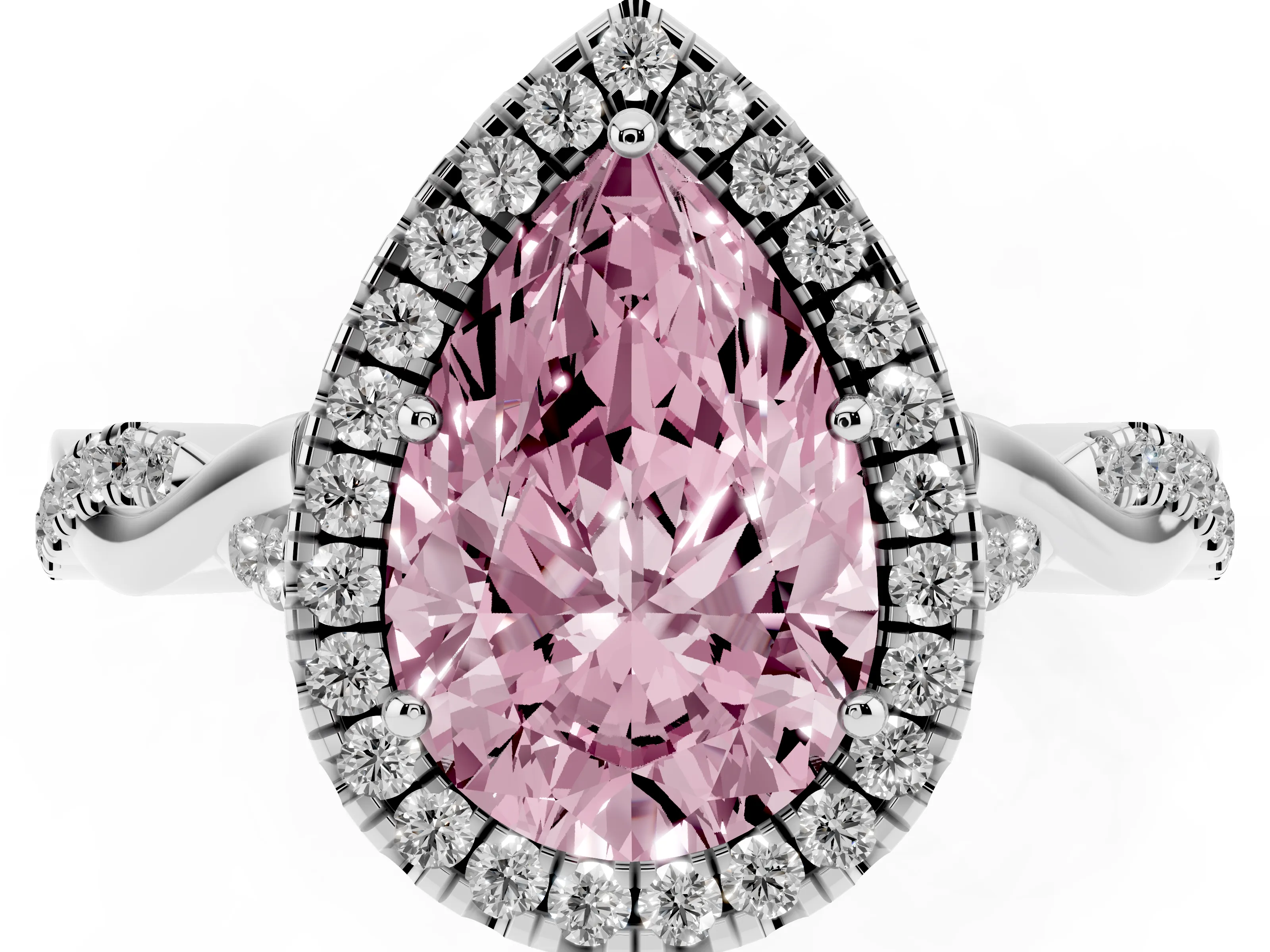 Fancy Pink Pear Cut Diamond Halo Twist Band Solitaire Ring Set in White gold with Prong Setting