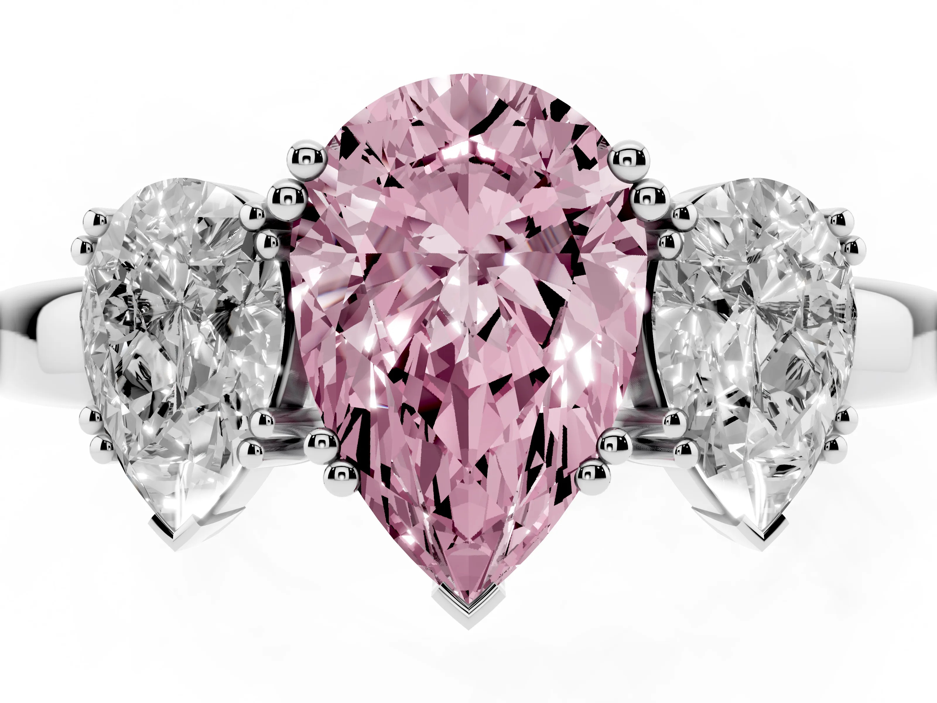 Fancy Pink Pear Cut Diamond Three-Stone Ring Set in White gold with Polished Channel-Set Band