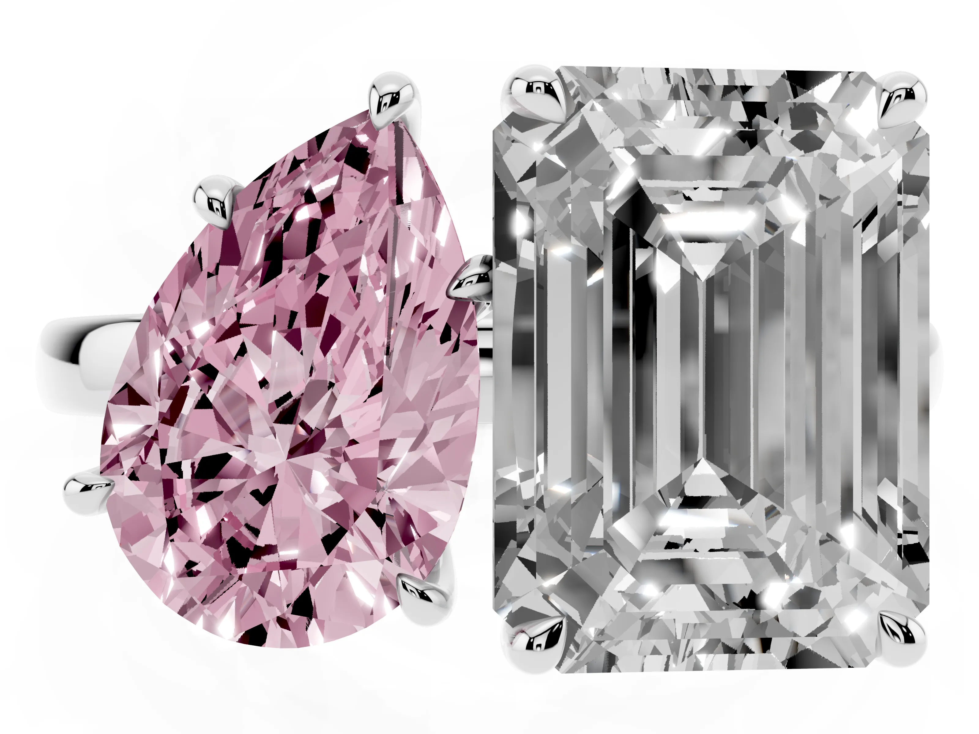 Fancy Pink Pear Cut and Emerald Cut Toi Moi Ring Set in White gold with Prong Setting
