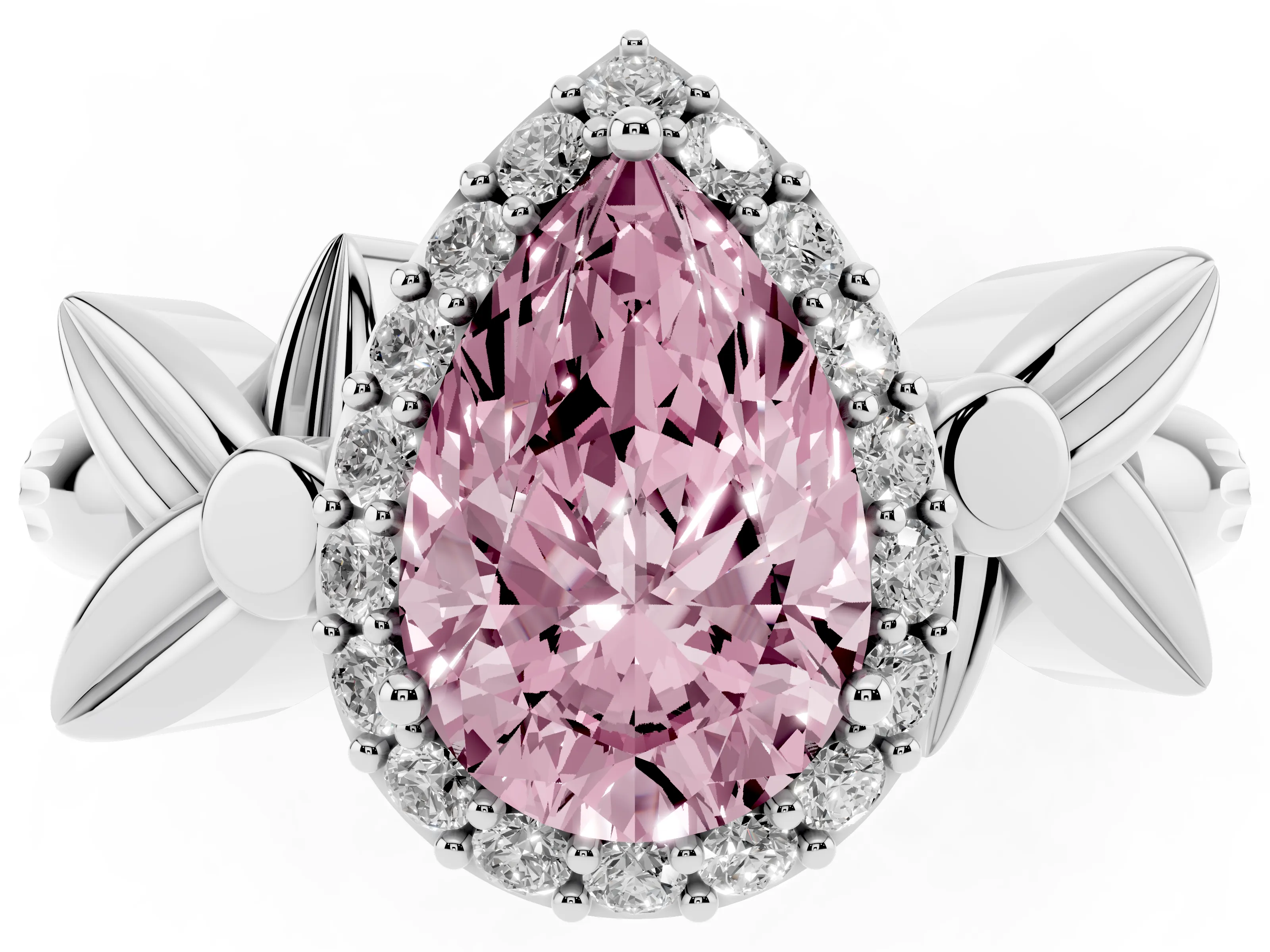 Fancy Pink Pear Cut Diamond Halo Floral Band Ring Set in Platinum with Prong Setting