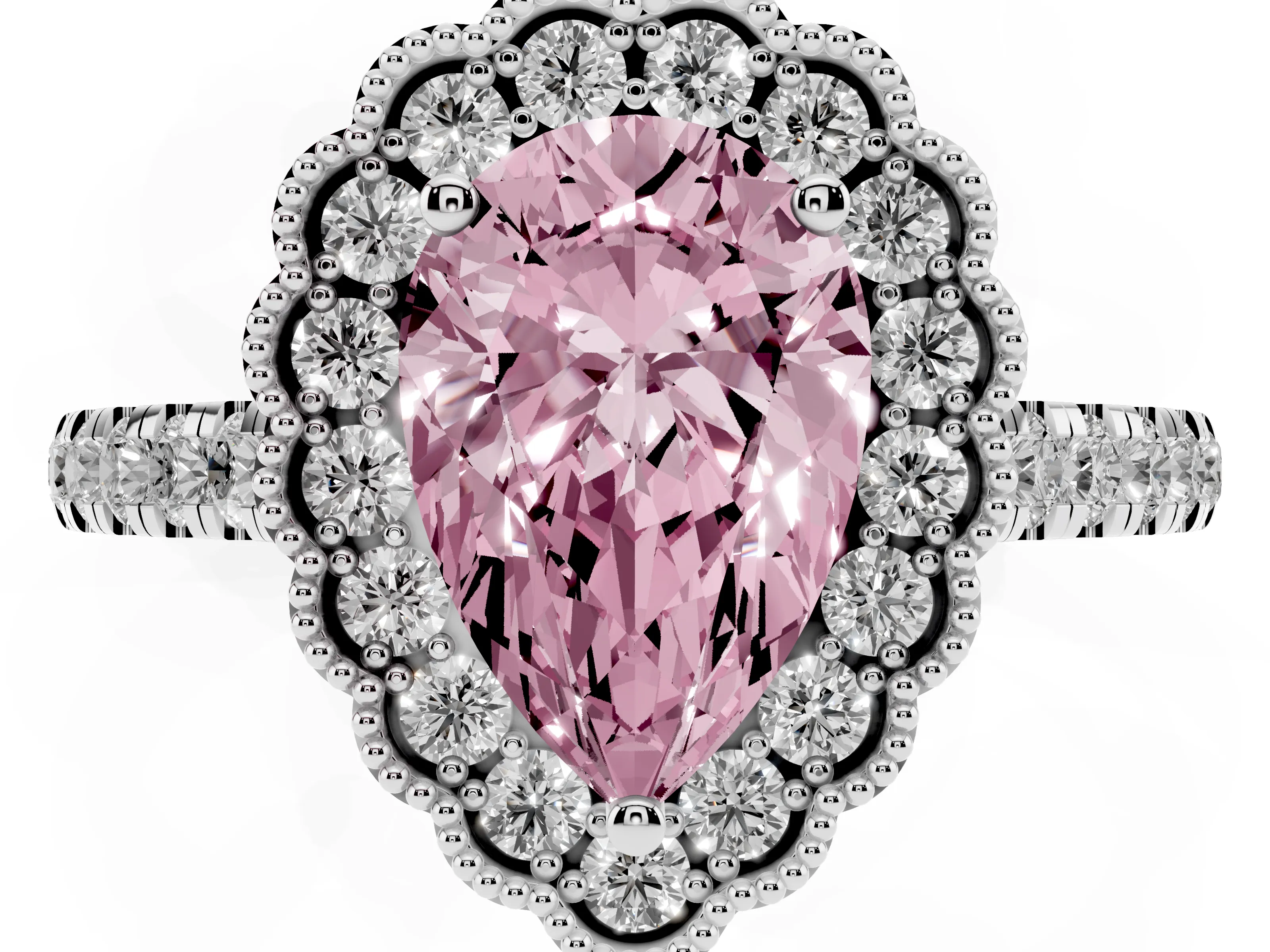 Fancy Pink Pear Cut Diamond Milgrain Floral Halo Engagement Ring Set in Platinum with Pavé Band