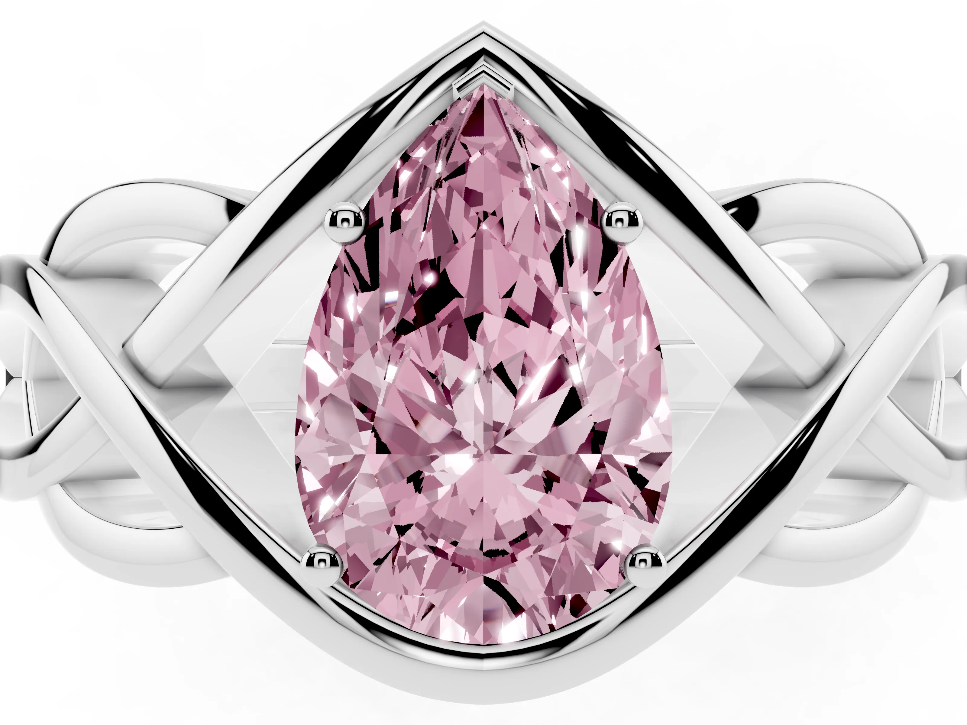 Fancy Pink Pear Cut Diamond Solitaire Ring Set in Platinum with Intertwined Band