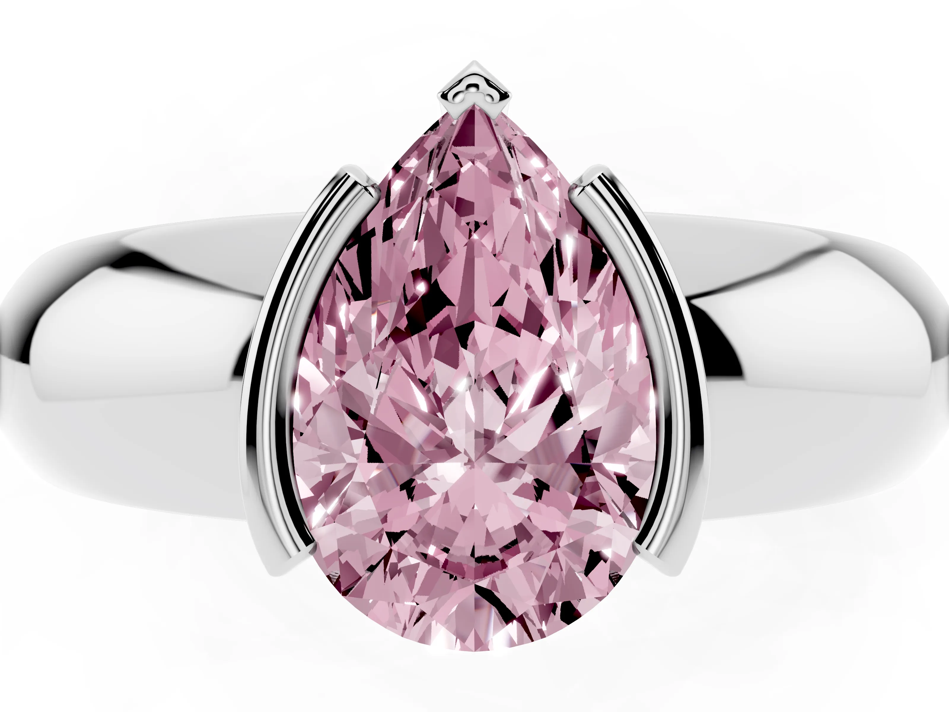 Fancy Pink Pear Cut Diamond Solitaire Tension Set Ring Set in White gold with Wide Band