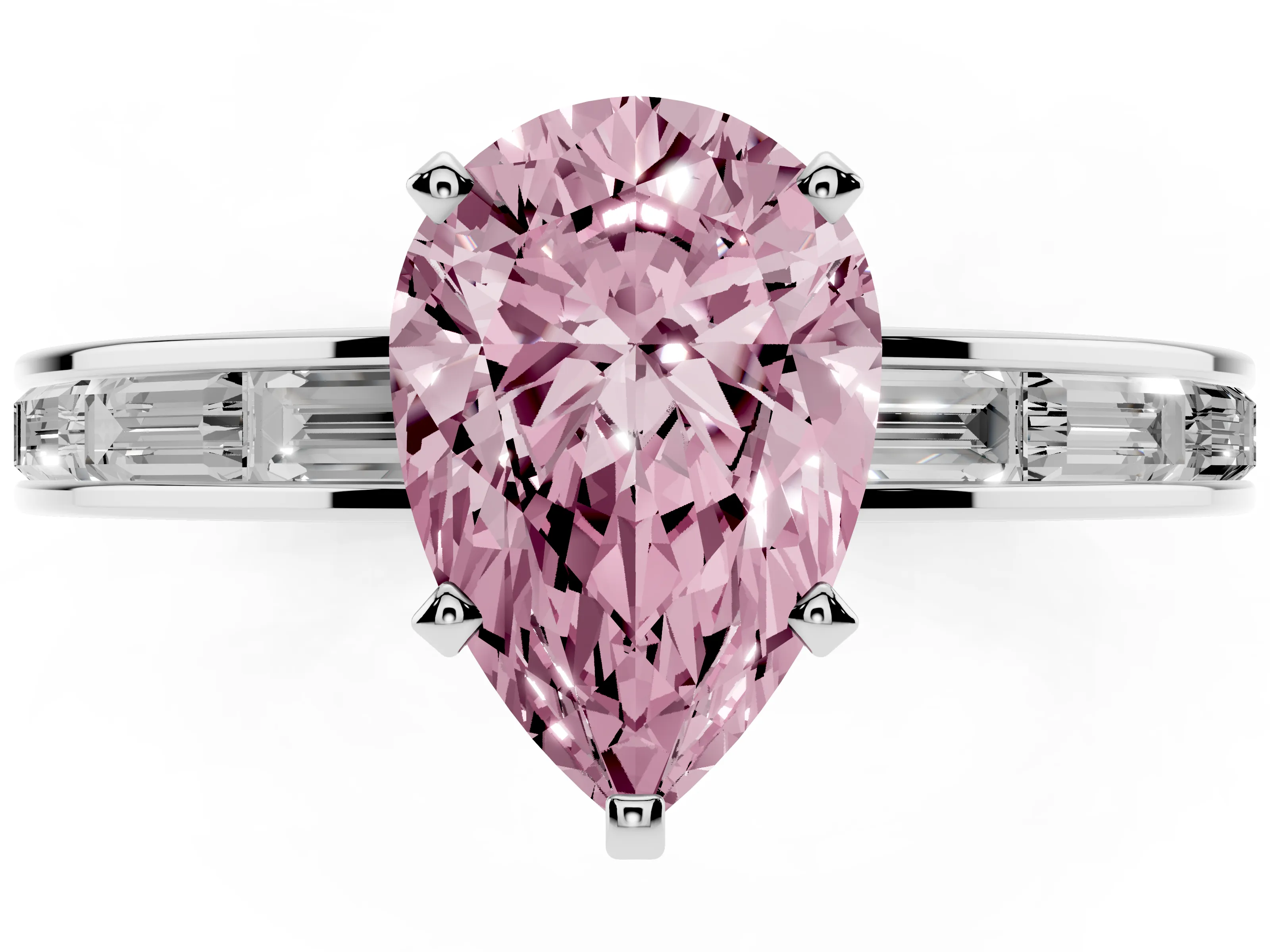 Fancy Pink Pear Cut Diamond Solitaire Ring Set in Silver with Channel-Set Baguette Band and Prong Setting