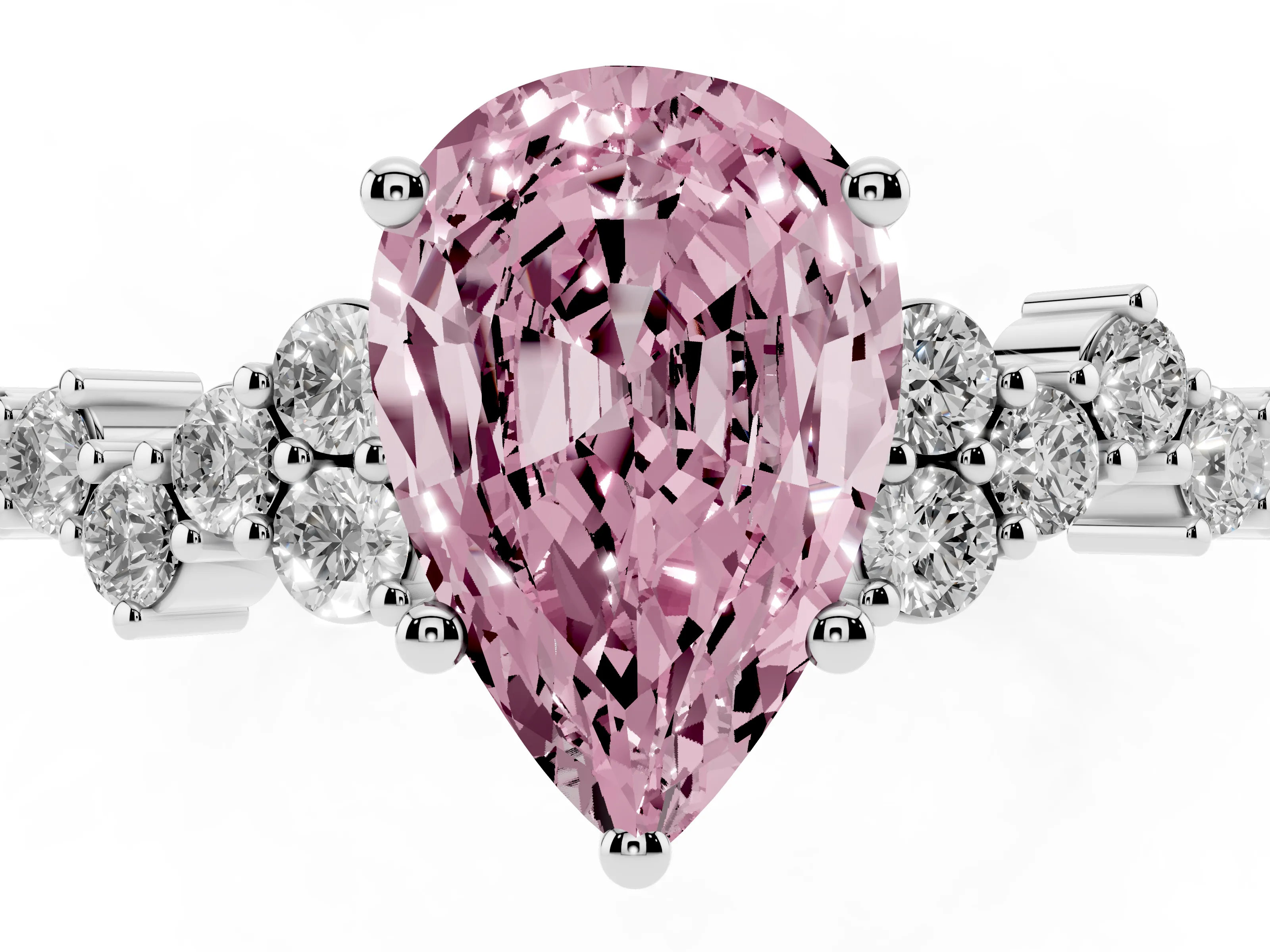Fancy Pink Pear Cut Diamond Ring Set in Platinum with Scattered Round Accents