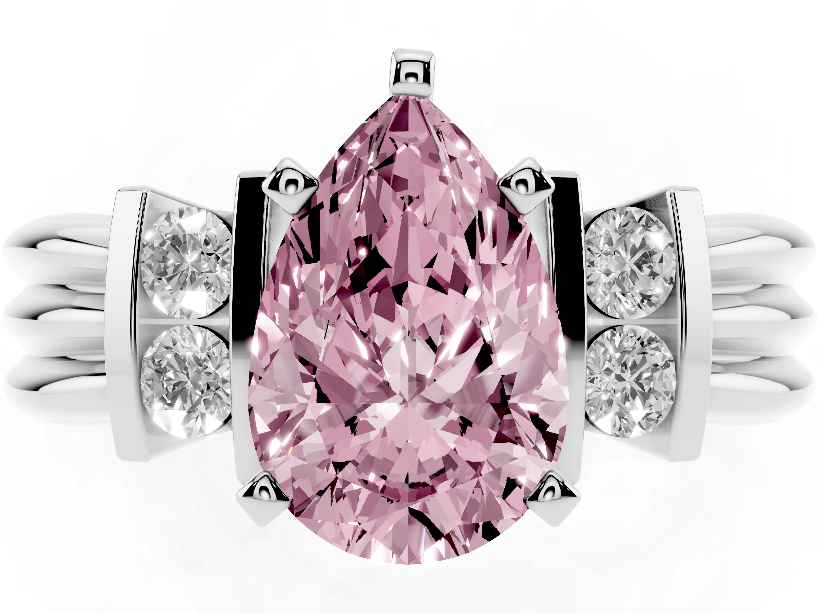 Fancy Pink Three-Stone Pear Cut Diamond Channel Set Ring Set in White gold with Bar Prongs