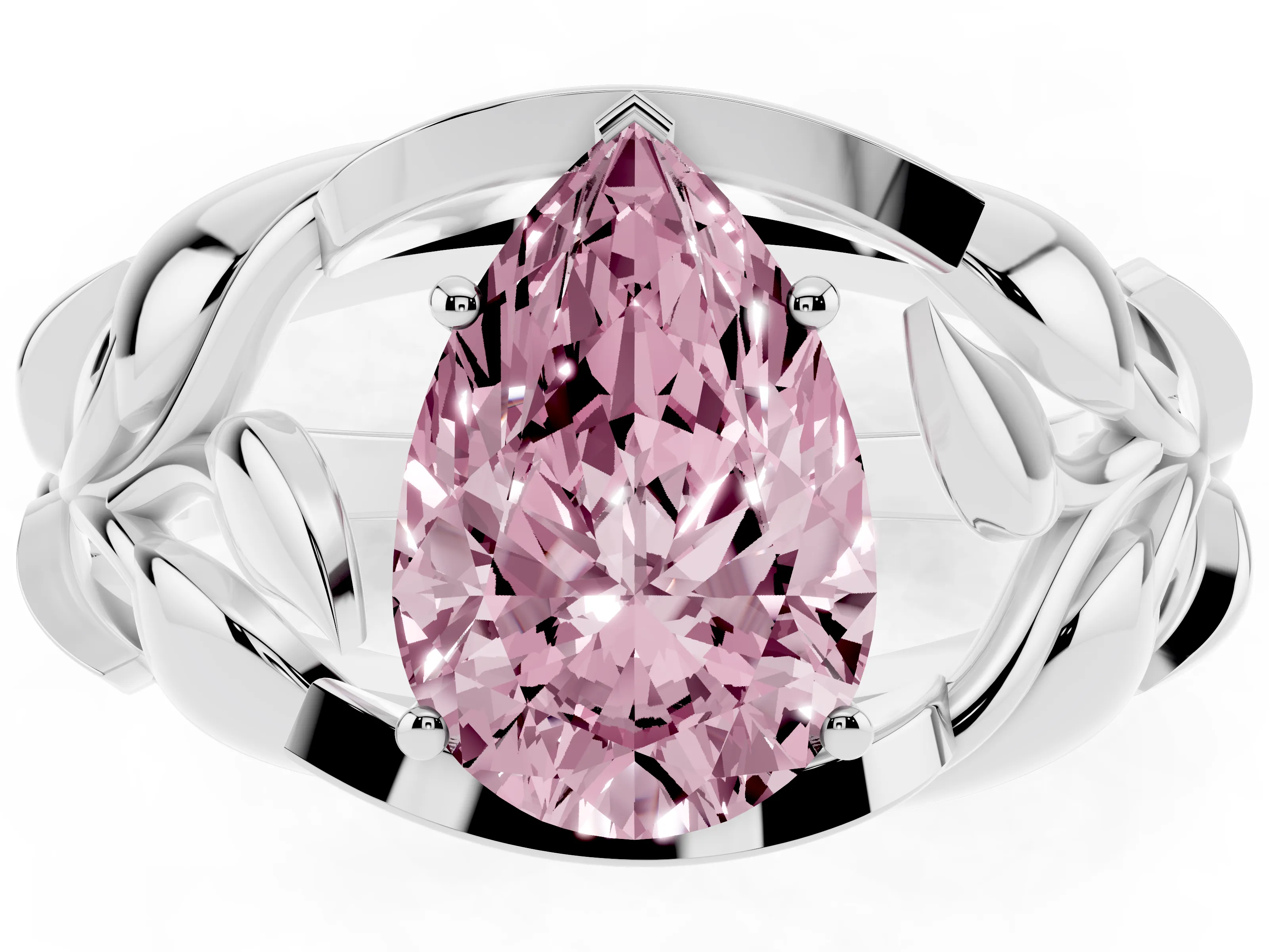 Fancy Pink Pear Cut Diamond Leaf-Inspired Engagement Ring Set in Silver with Round Accents