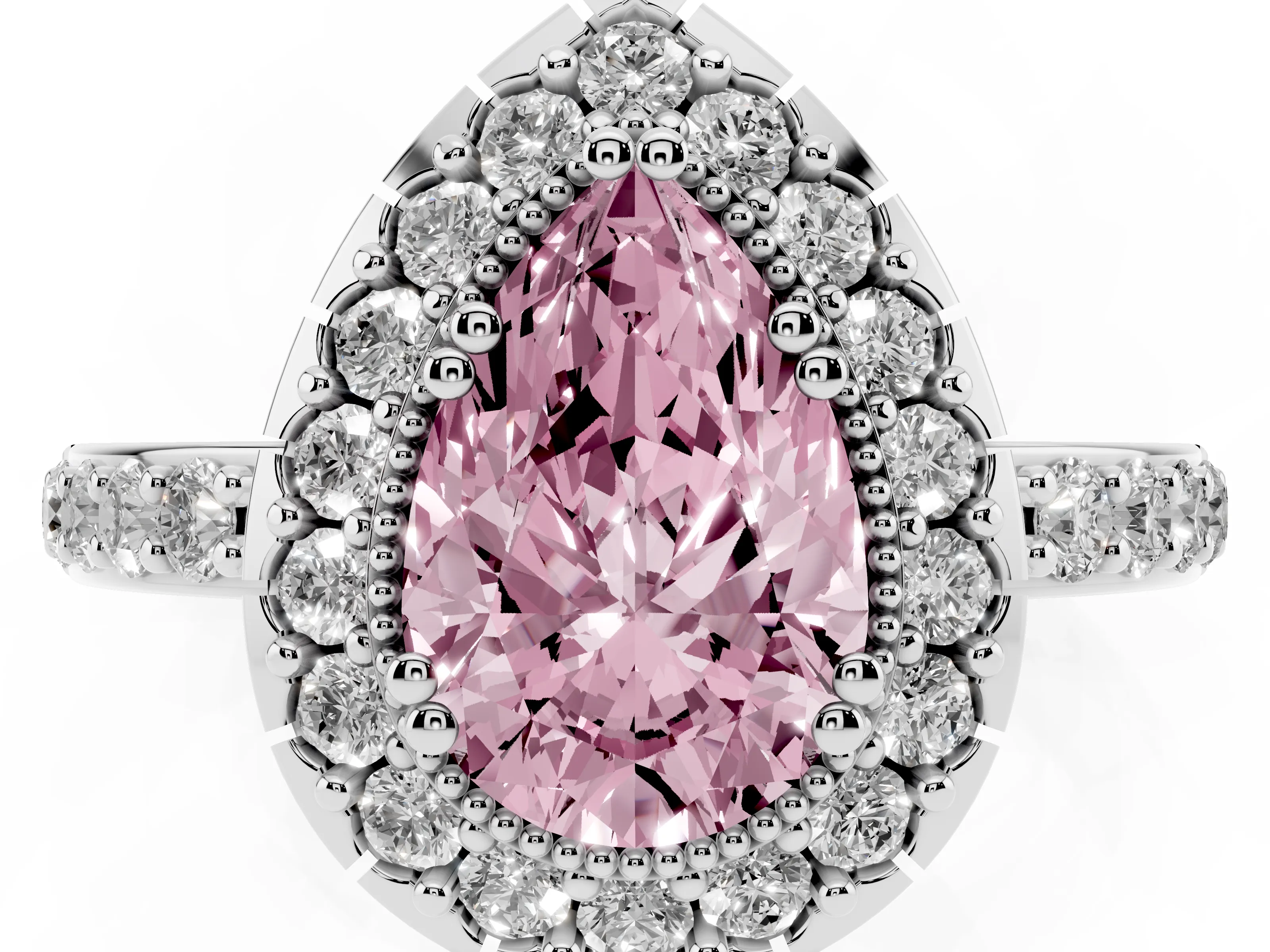 Fancy Pink Pear Cut Diamond Halo Ring Set in White gold with Pavé Shank and Prong Setting
