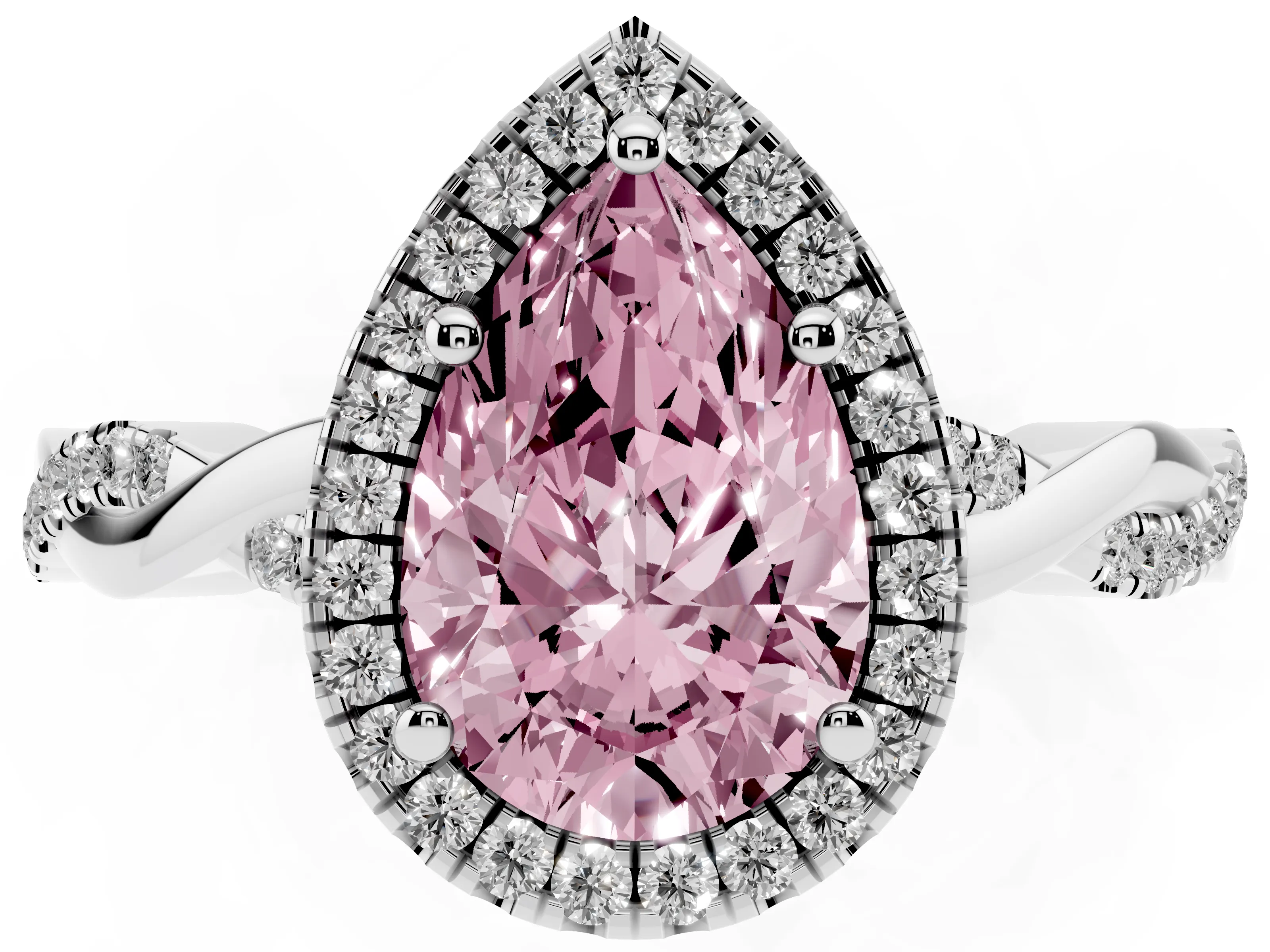 Fancy Pink Pear Cut Diamond Halo Twisted Band Ring Set in Platinum with Prong Setting