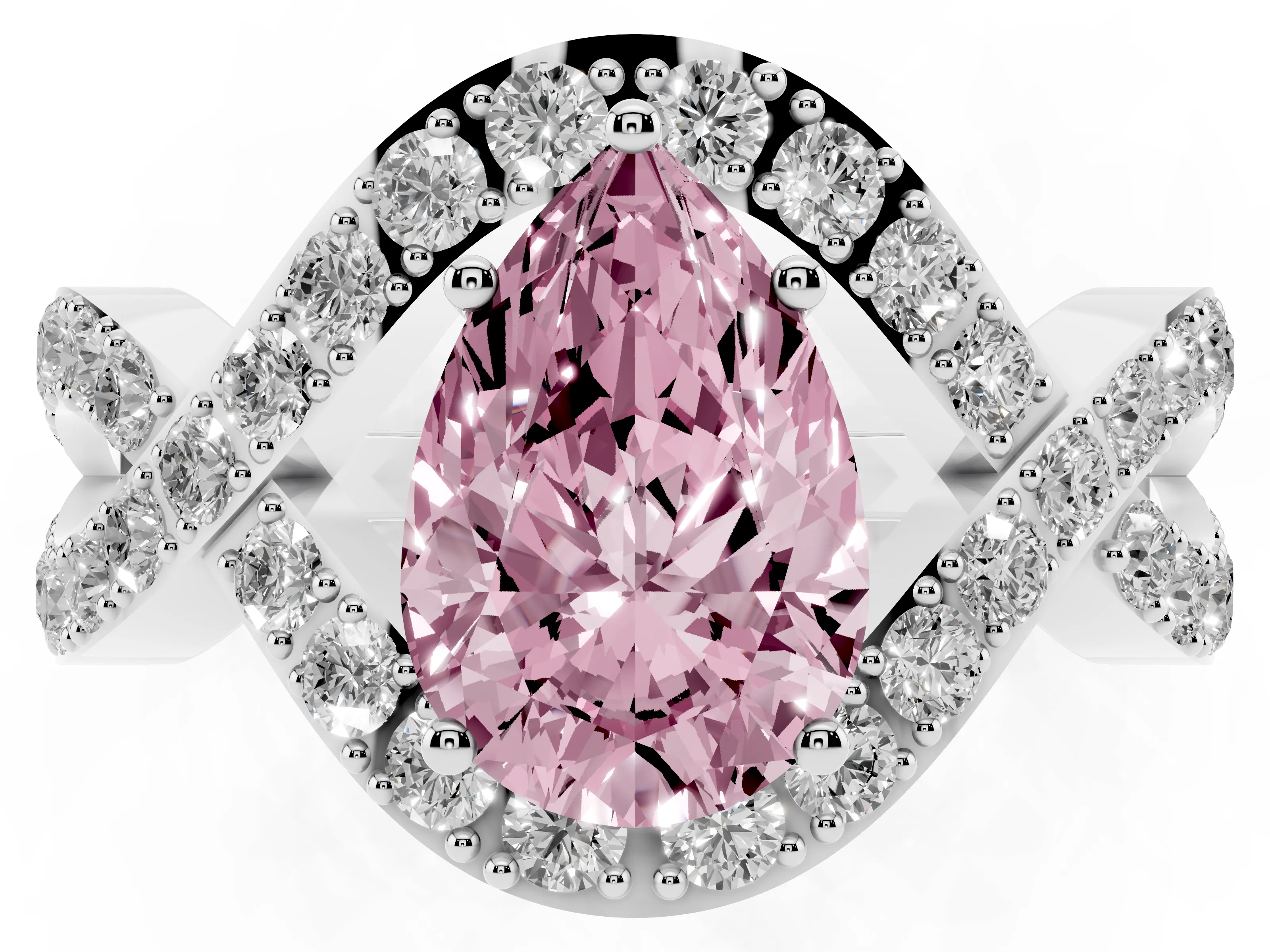 Fancy Pink Pear Cut Diamond Solitaire Twist Band Pavé Engagement Ring Set in Silver