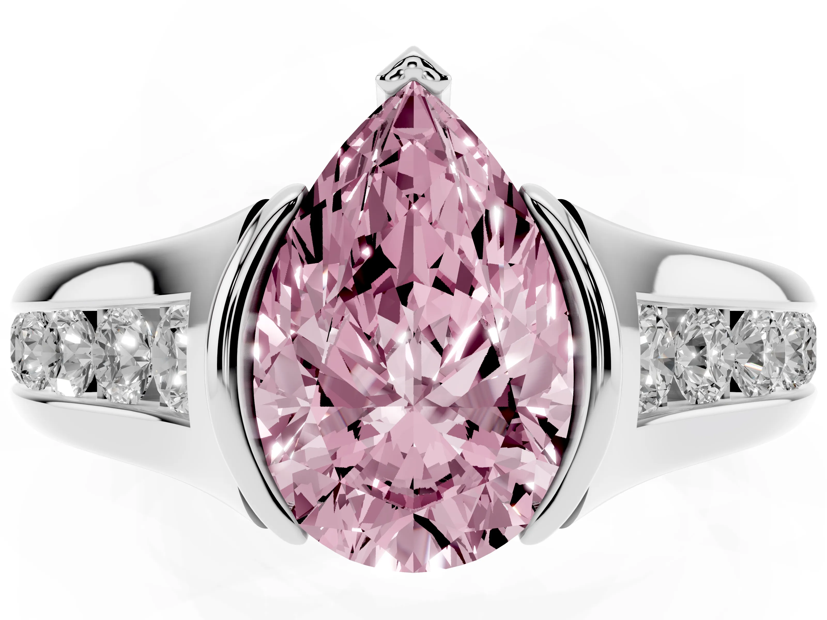 Fancy Pink Pear Cut Diamond Bezel-Set Solitaire Ring Set in Silver with Channel-Set Band