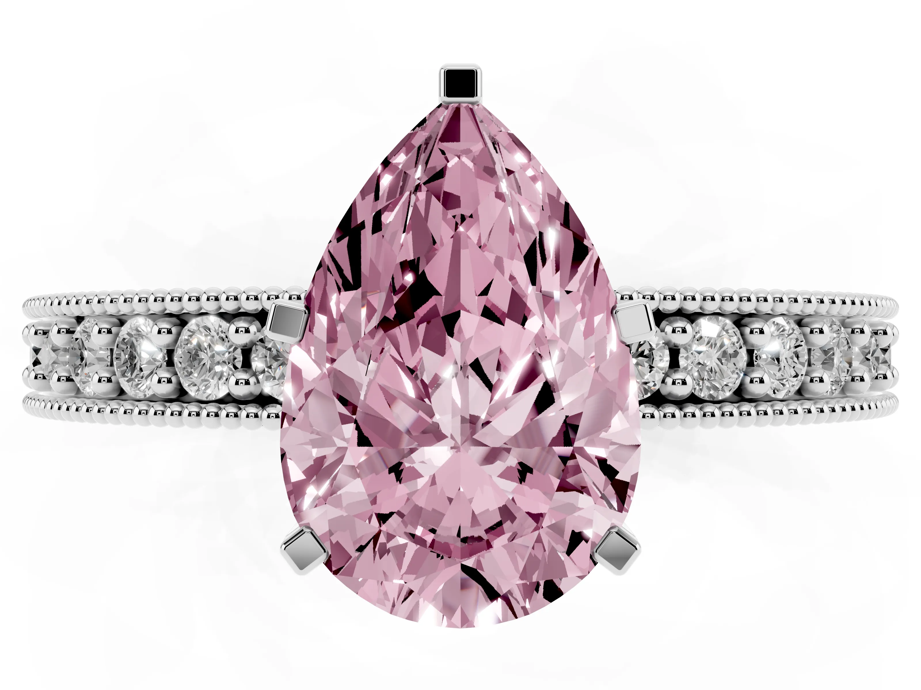 Fancy Pink Pear Cut Diamond Milgrain Pavé Engagement Ring Set in Platinum with Prong Setting
