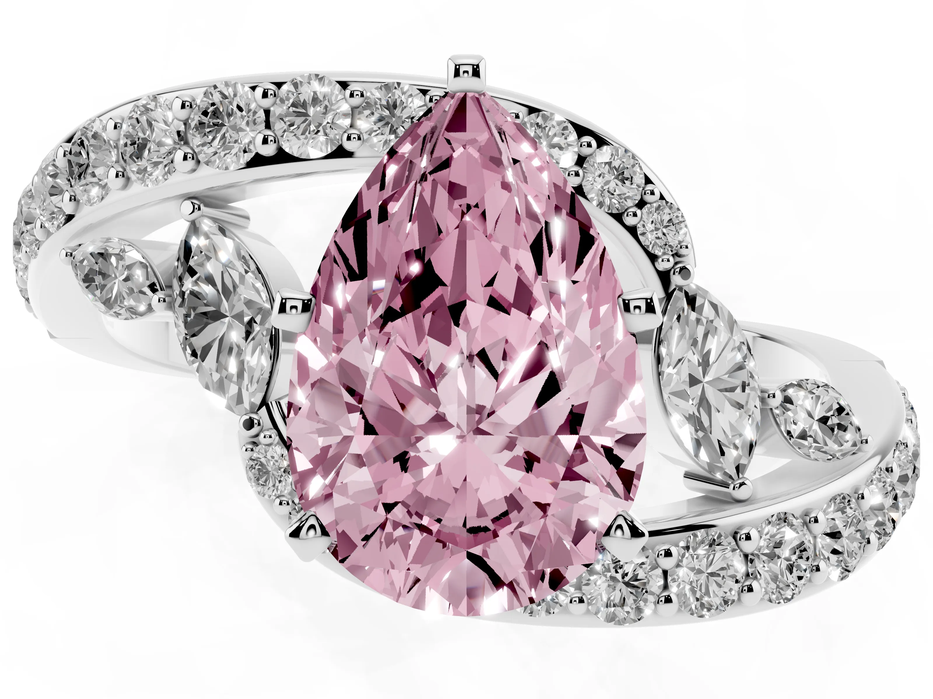 Fancy Pink Pear Cut Diamond Solitaire Ring Set in Platinum with Pavé Twist Band and Secure Prong Setting