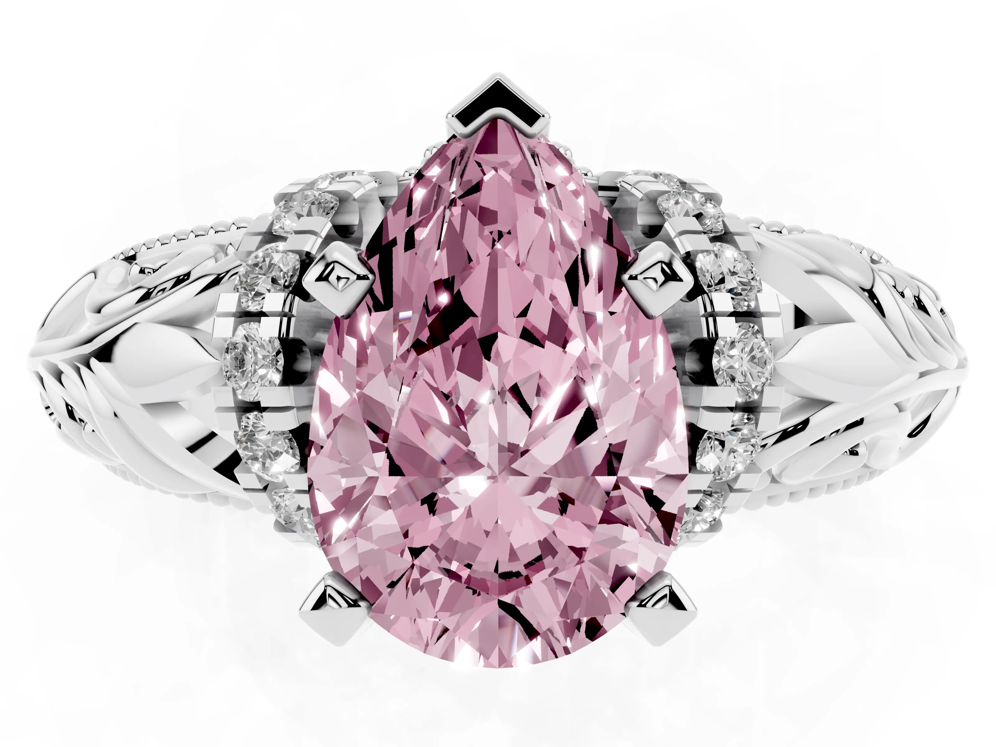 Fancy Pink Pear Cut Diamond Filigree Halo Engagement Ring Set in Silver with Prong Setting