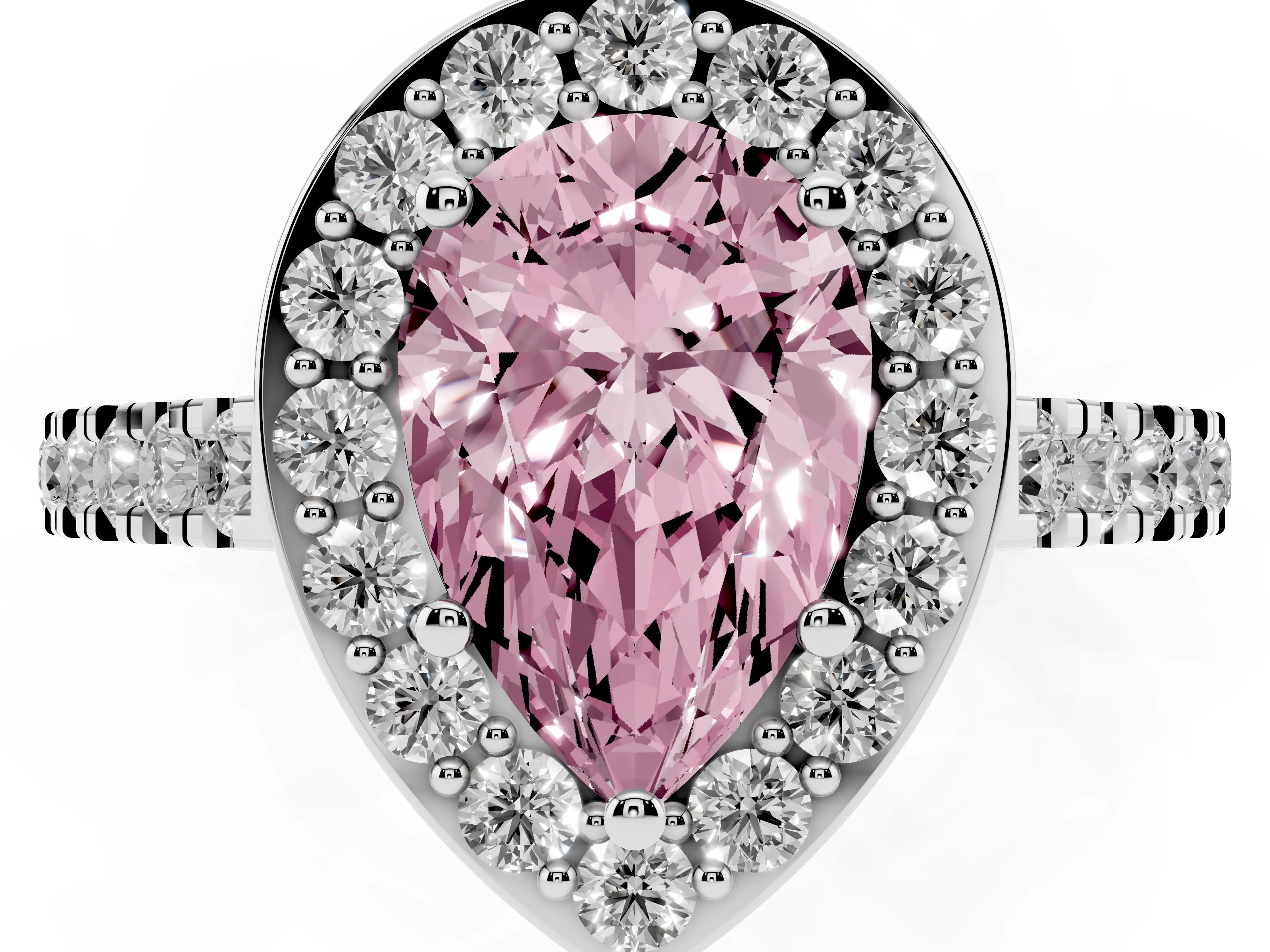 Fancy Pink Pear Cut Diamond Halo Ring Set in Silver with Round Pavé Split Shank and Prong Setting