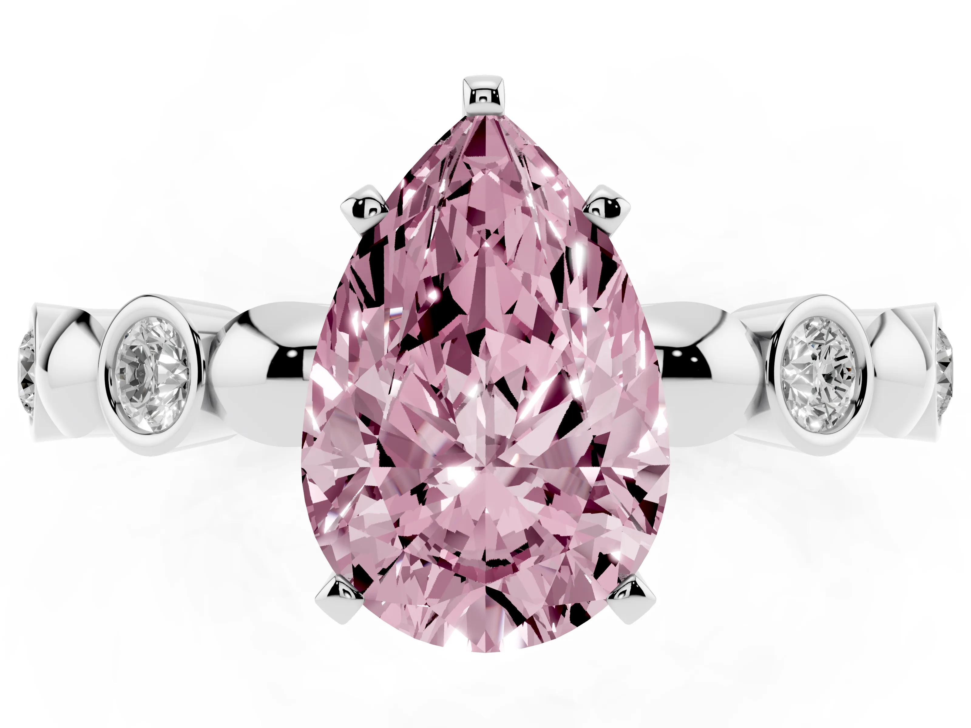 Fancy Pink Pear Cut Diamond Solitaire Ring Set in Silver with Bezel-Set Accents on Beaded Band and Prong Setting