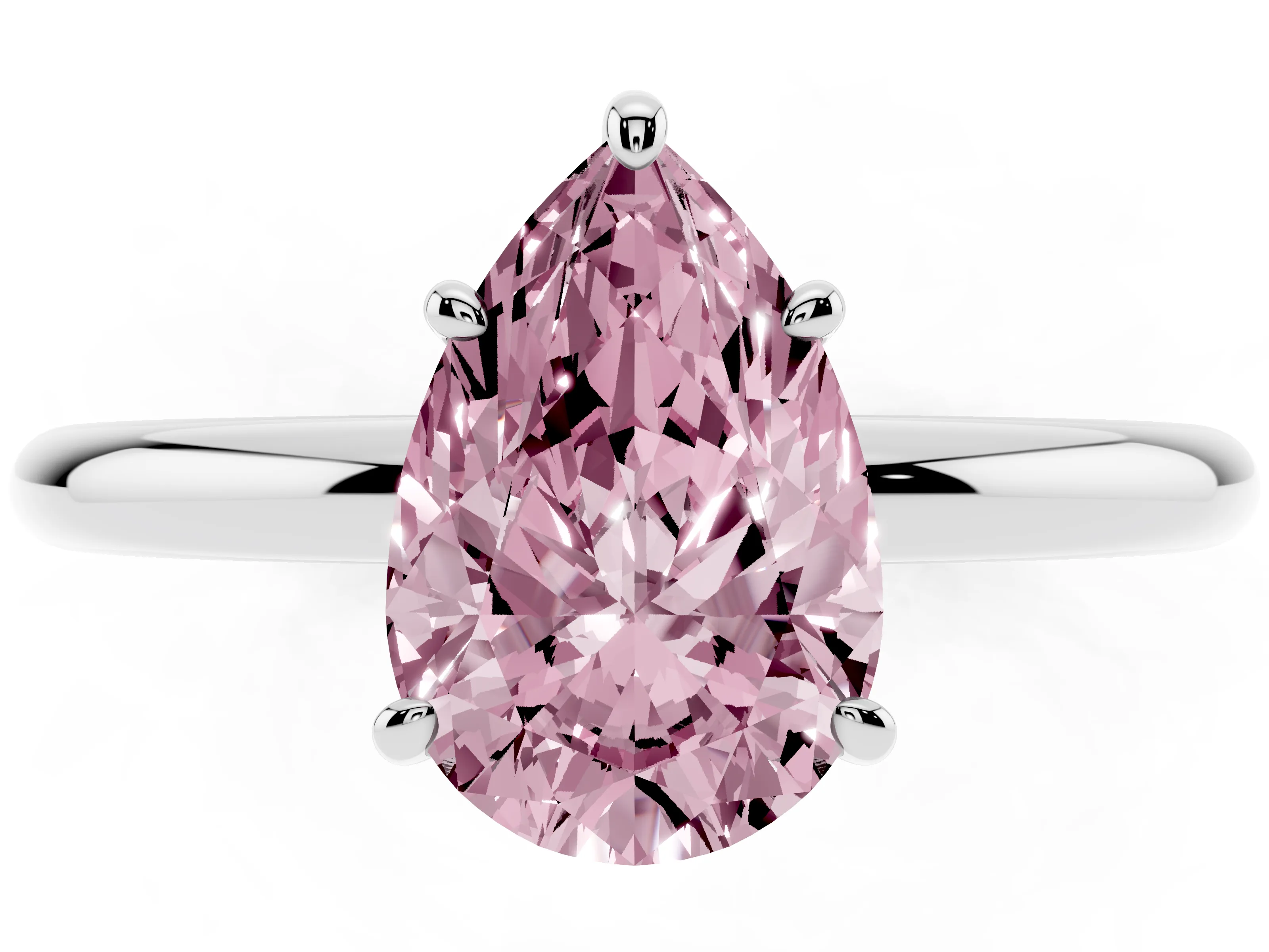 Fancy Pink Pear Cut Diamond Solitaire Ring Set in White gold with Prong Setting on a Polished Plain Band