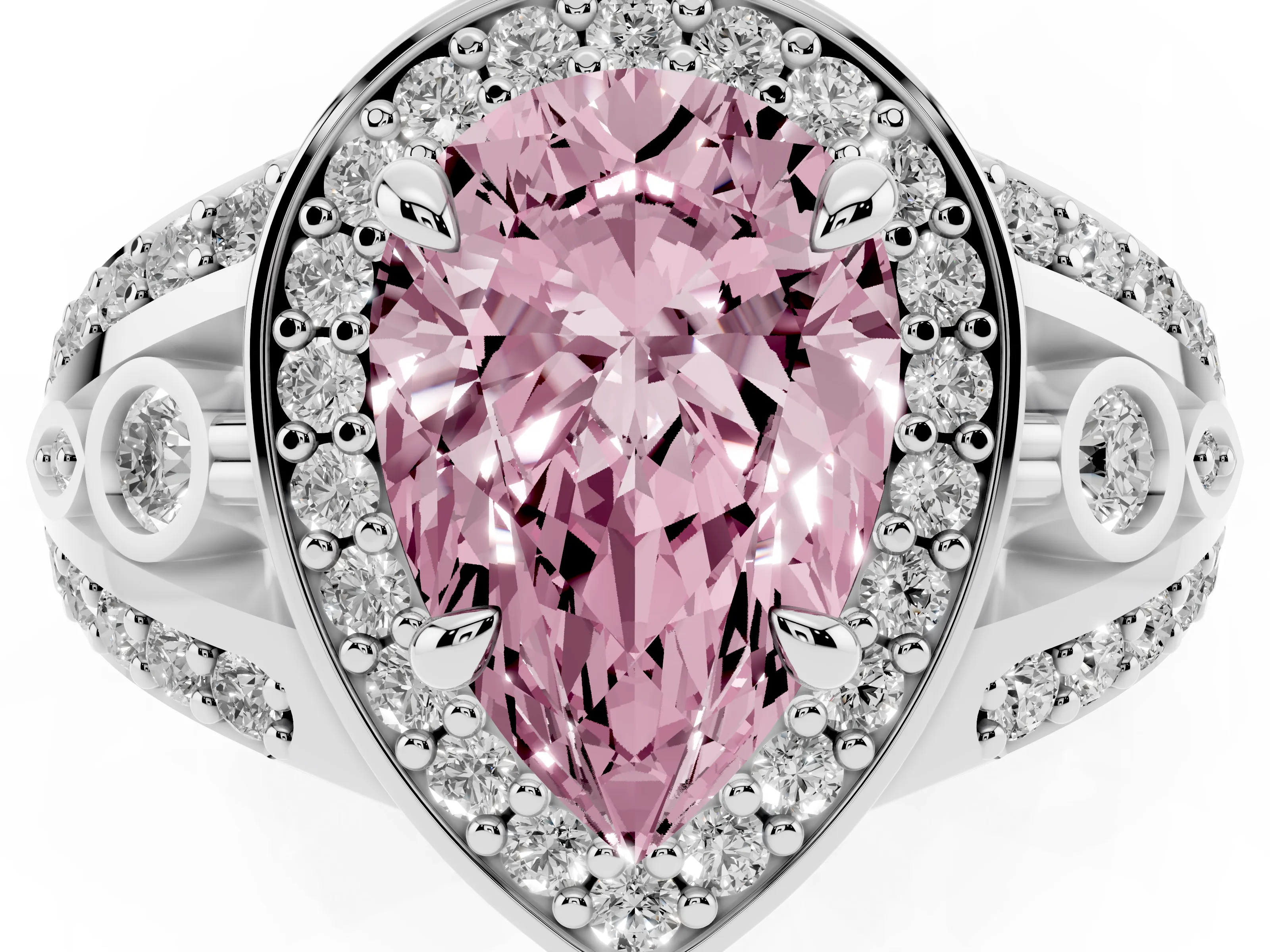 Fancy Pink Pear Cut Diamond Halo Ring Set in Silver with Pavé Split Shank and Bezel Accents