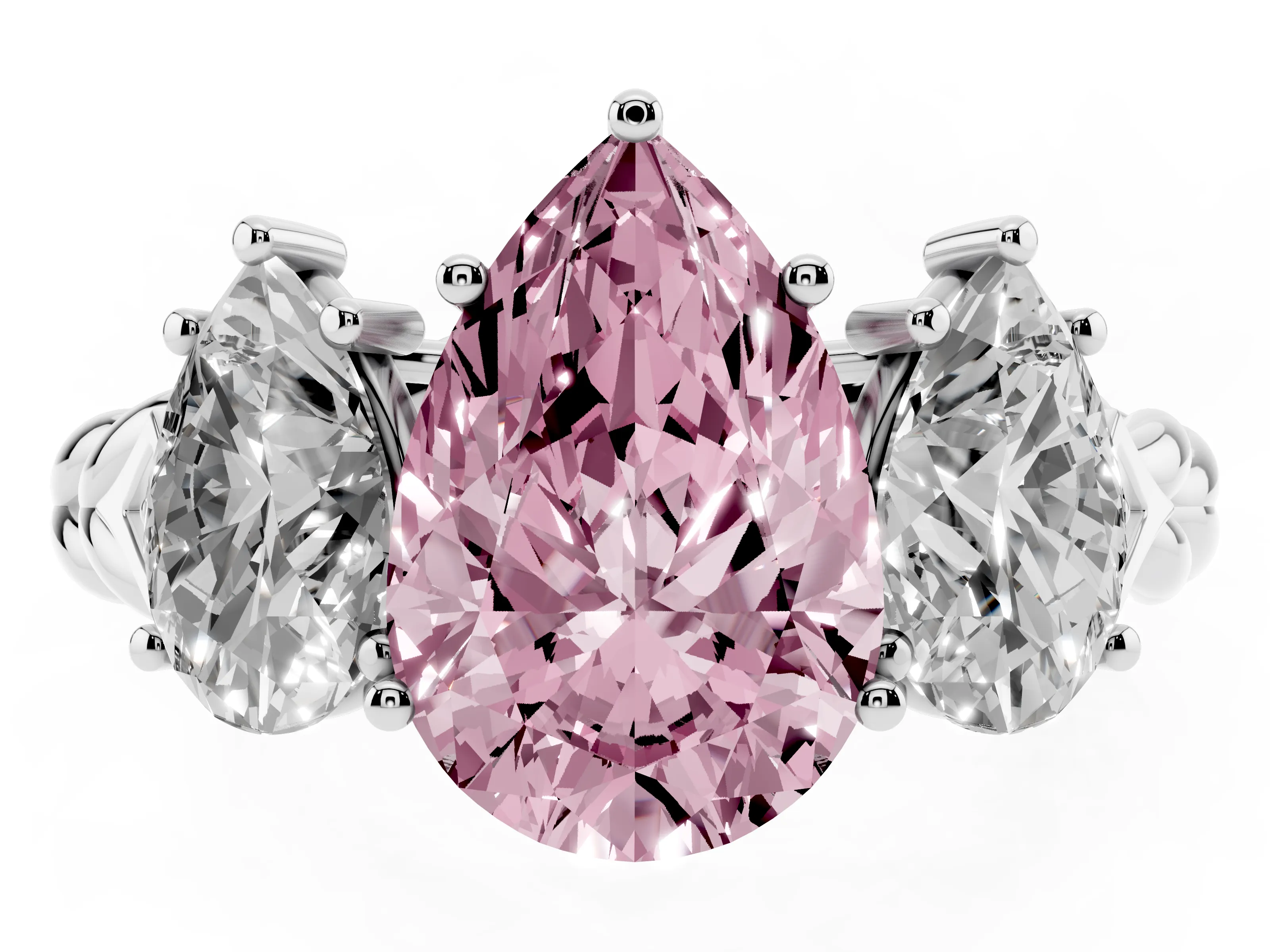 Fancy Pink Pear Cut Diamond Three-Stone Ring Set in Silver with Braided Band