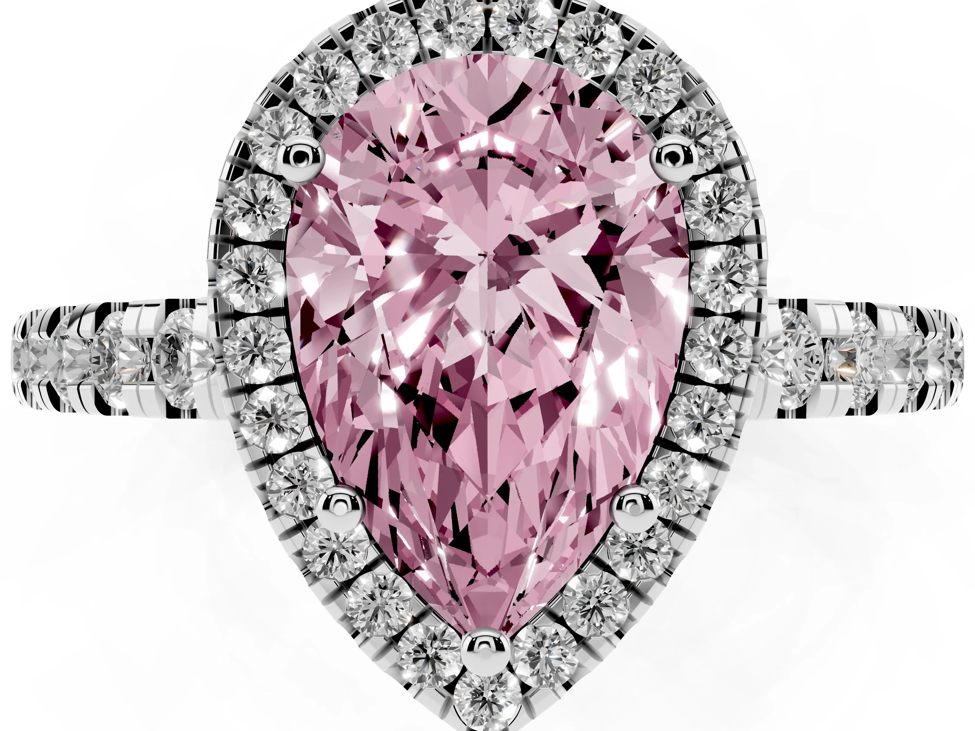 Fancy Pink Pear Cut Diamond Halo Ring Set in White gold with Delicate Pavé Band and Prong Setting