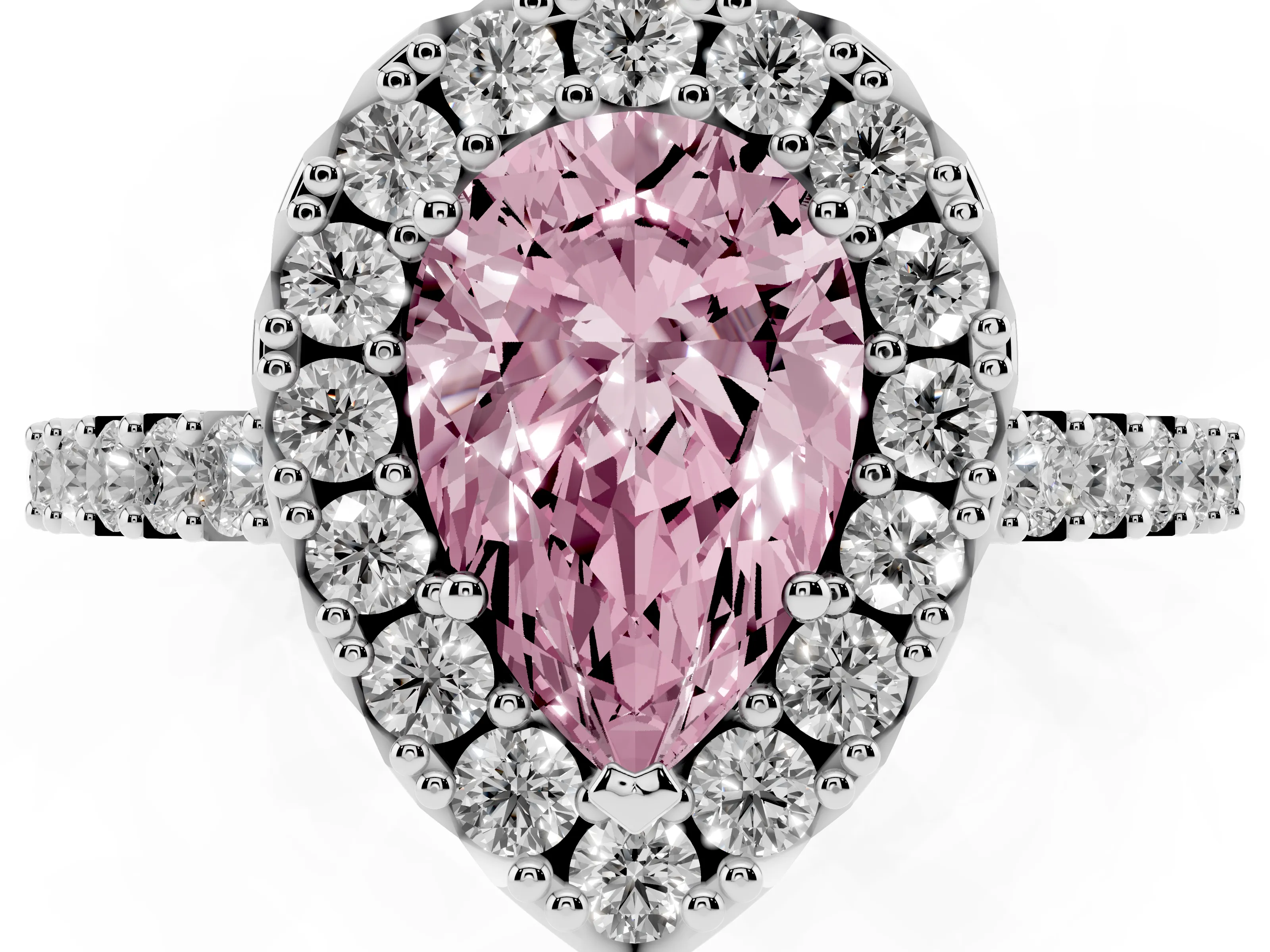 Fancy Pink Pear Cut Diamond Halo Pavé Solitaire Ring Set in Silver with Prong-Set Center Stone