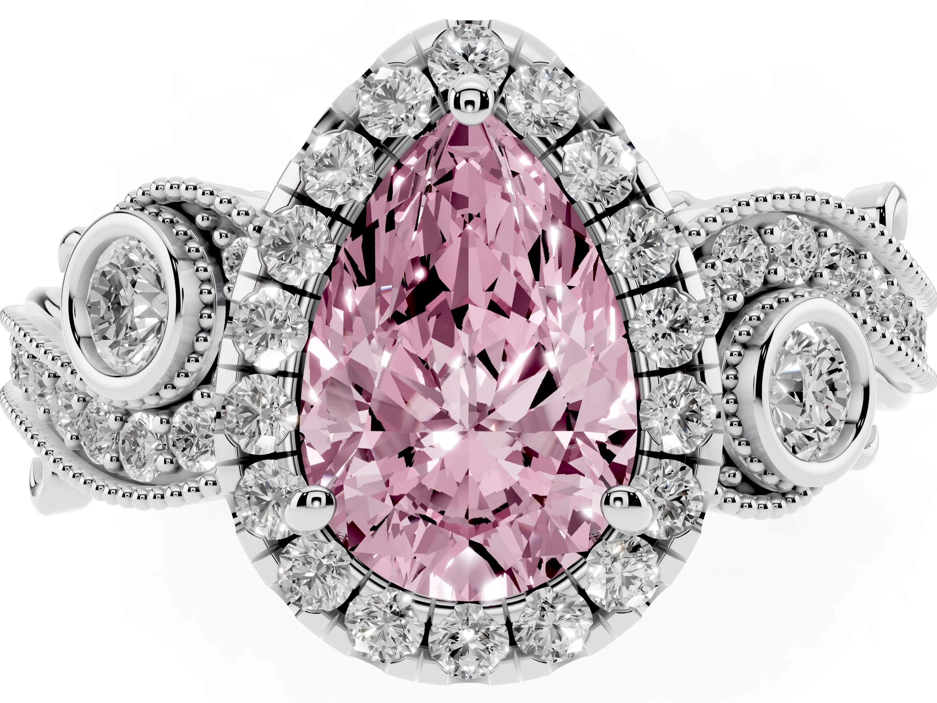 Fancy Pink Pear Cut Diamond Halo Ring Set in Silver with Milgrain Pavé Band and Prong Setting