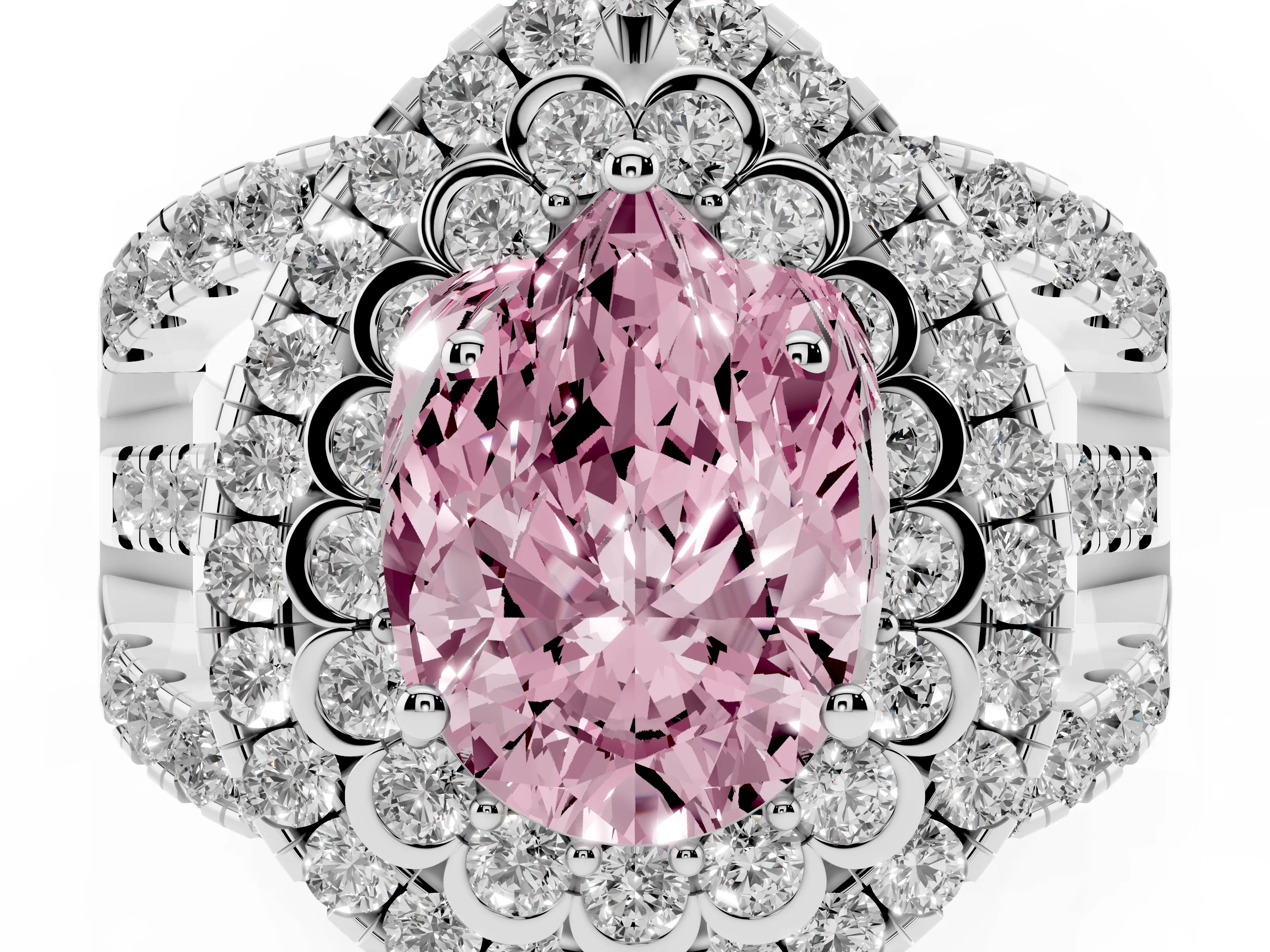 Fancy Pink Pear Cut Diamond Double Halo Ring Set in Silver with Round Pavé Split Shank