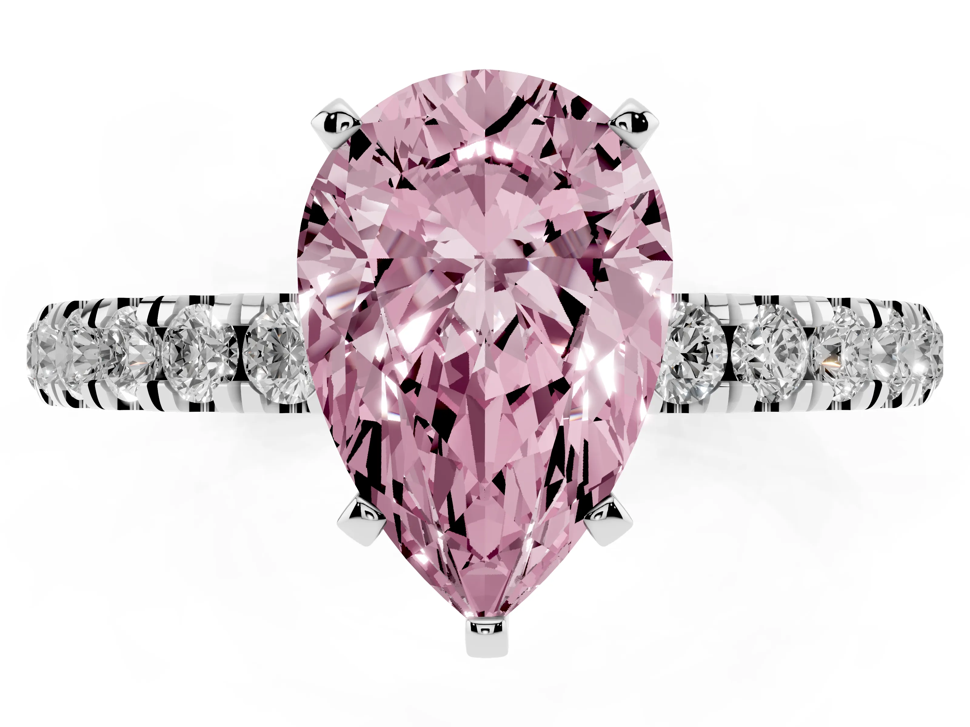 Fancy Pink Pear Cut Diamond Solitaire Ring Set in Platinum with Pavé Accents and Prong Setting