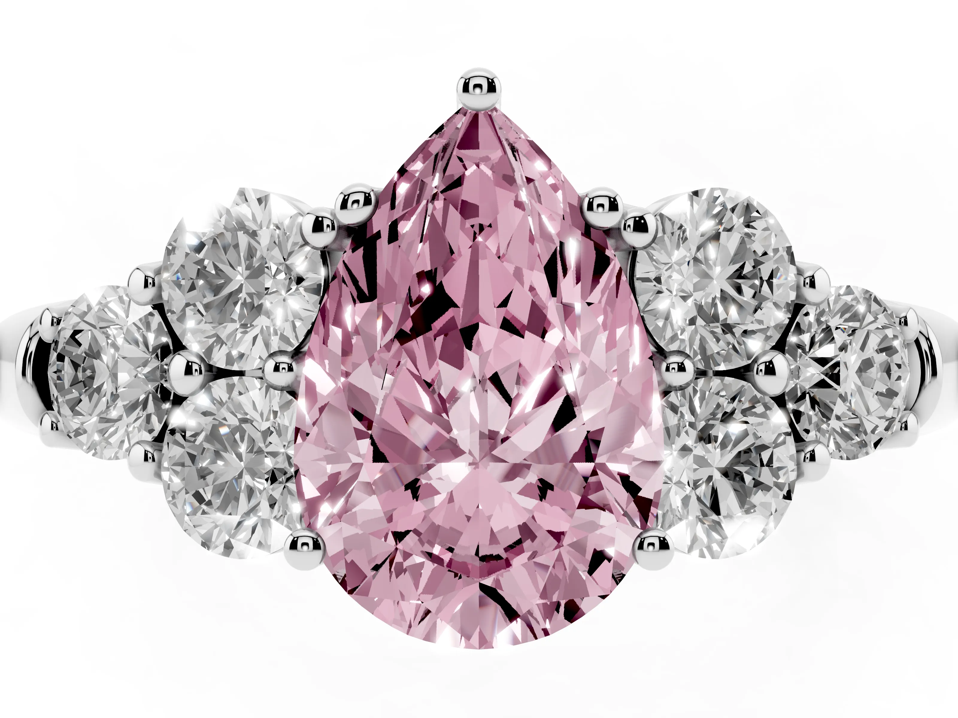 Fancy Pink Pear Cut Diamond Cluster Ring Set in Silver with Round Accent Stones and Prong Setting on a Plain Band